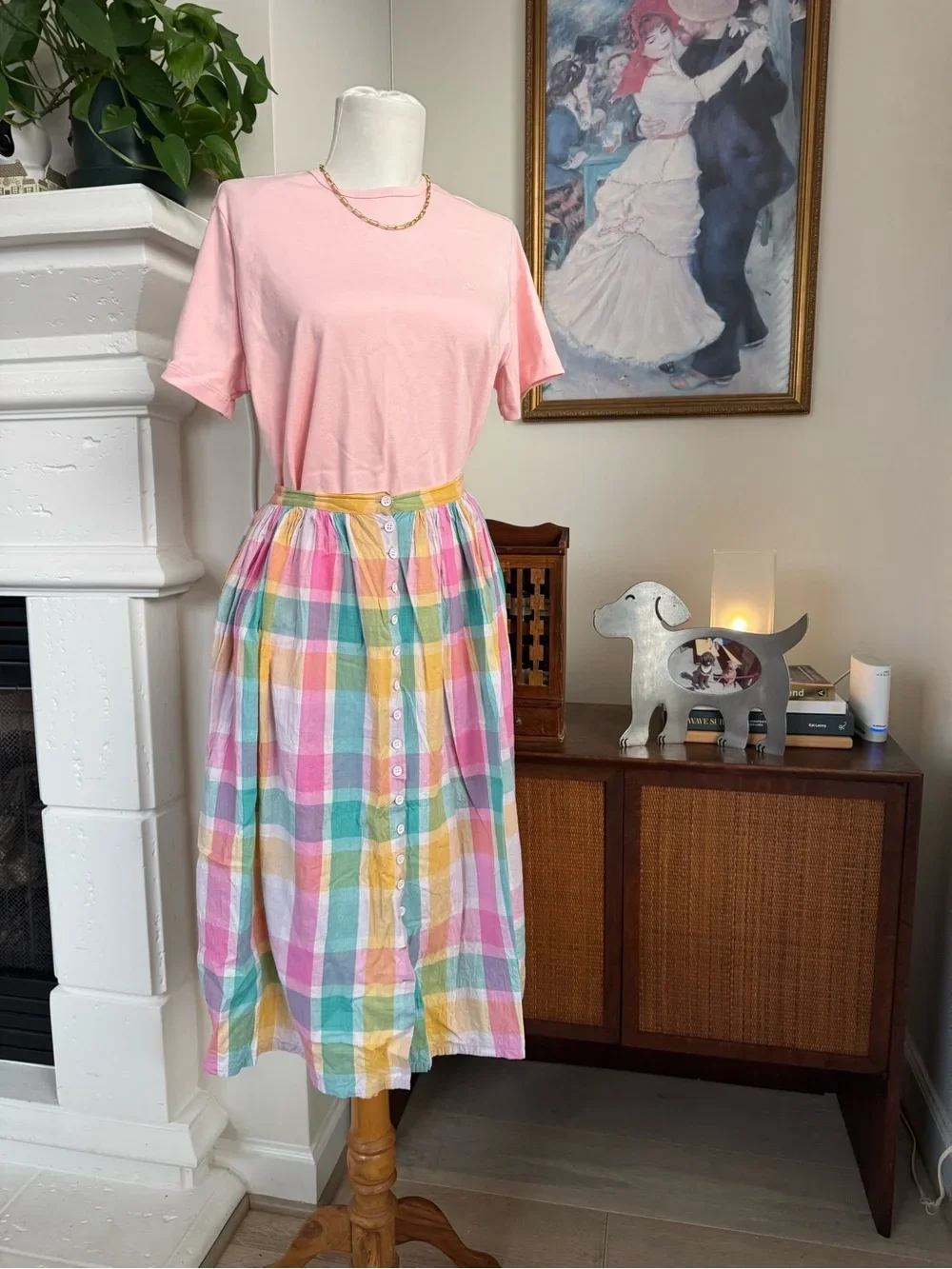 Vintage 70’s Pastel Plaid Button-Front Midi Skirt