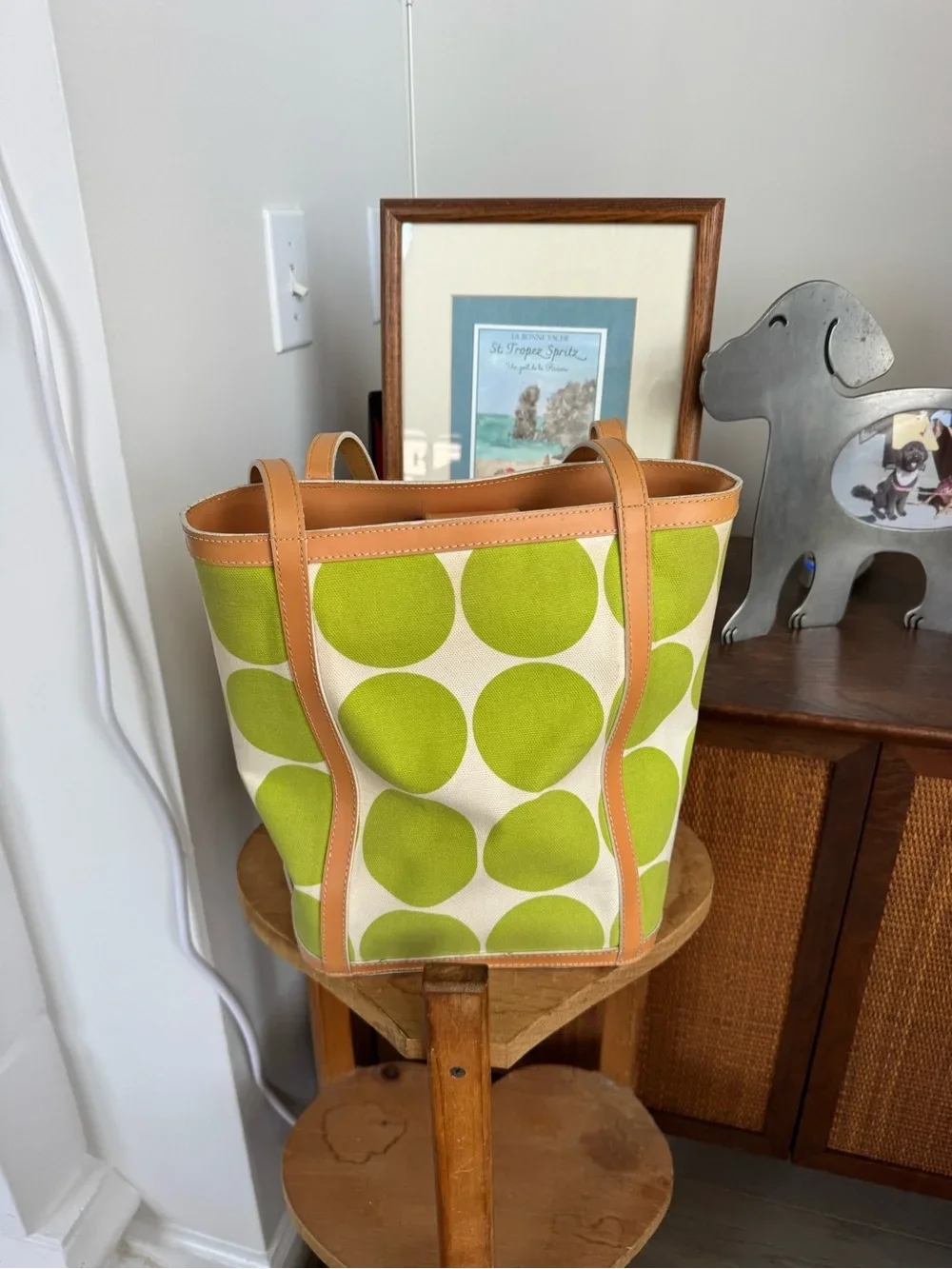 Green Polka Dot Canvas Tote with Tan Trim