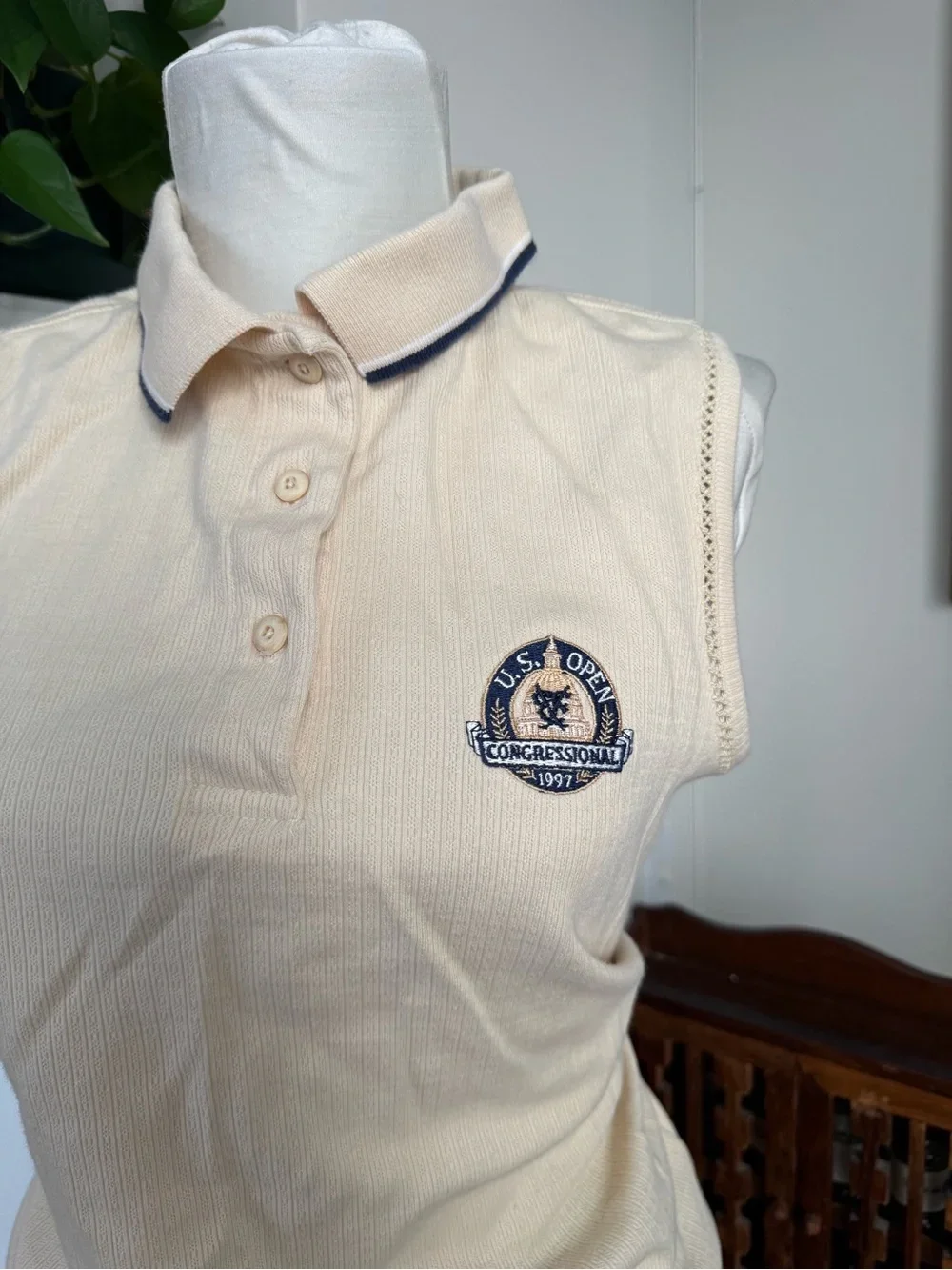 Izod Sleeveless Button-Down Polo in Cream with Navy Trim