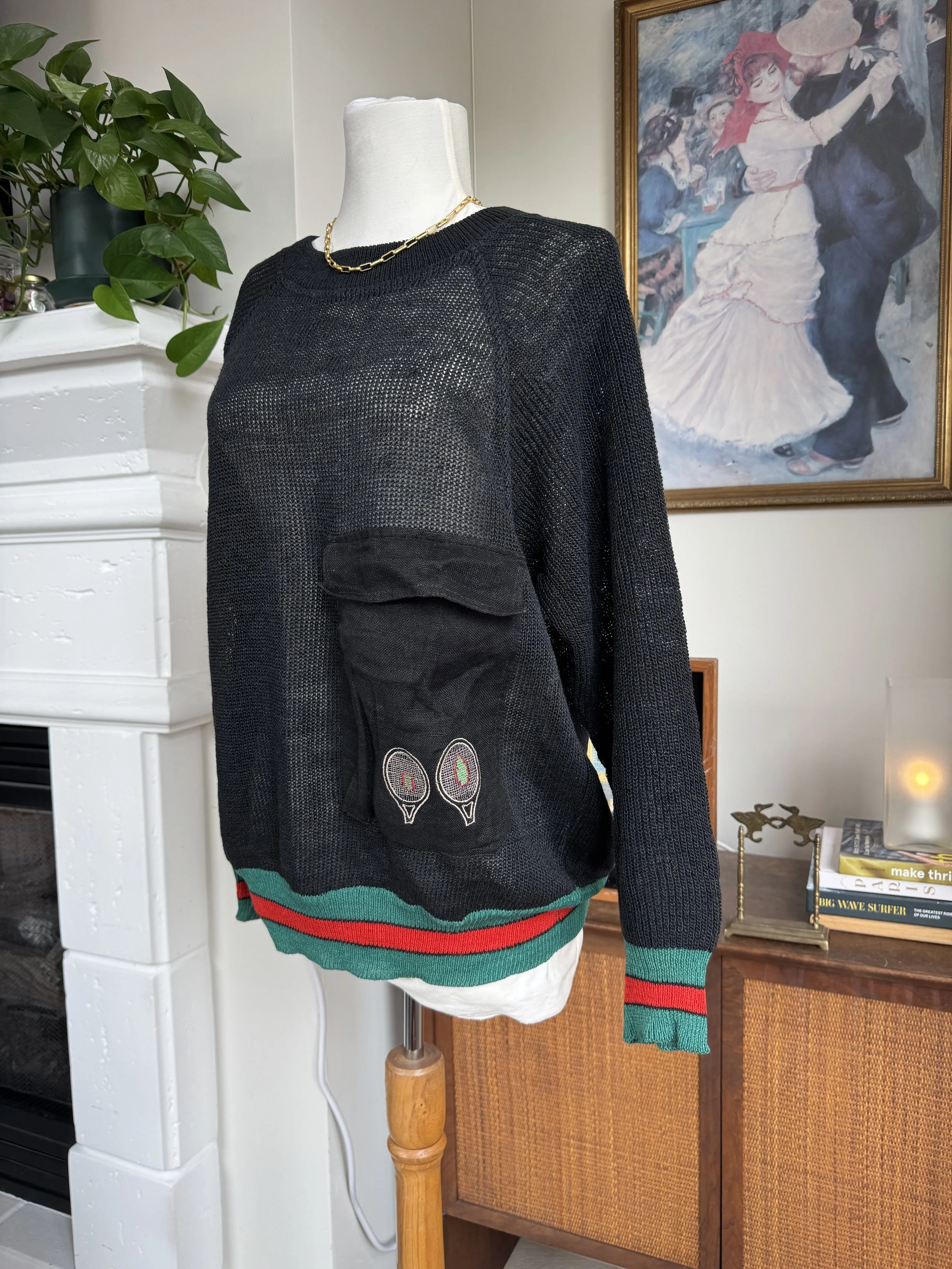 Vintage Tennis Icon Patch Pocket Mesh Crewneck Sweater