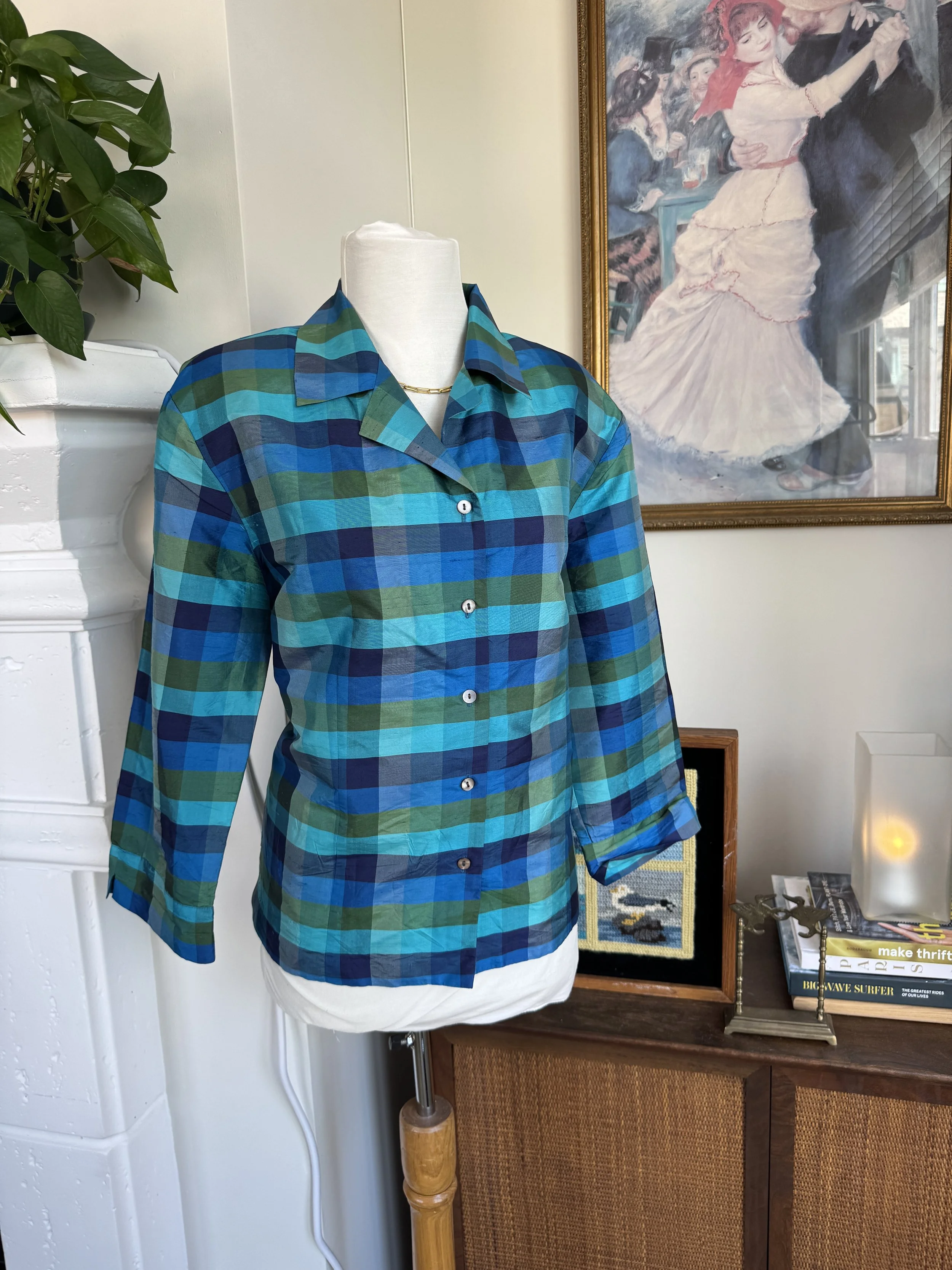 100% Silk Blue Gingham Button Up Blouse