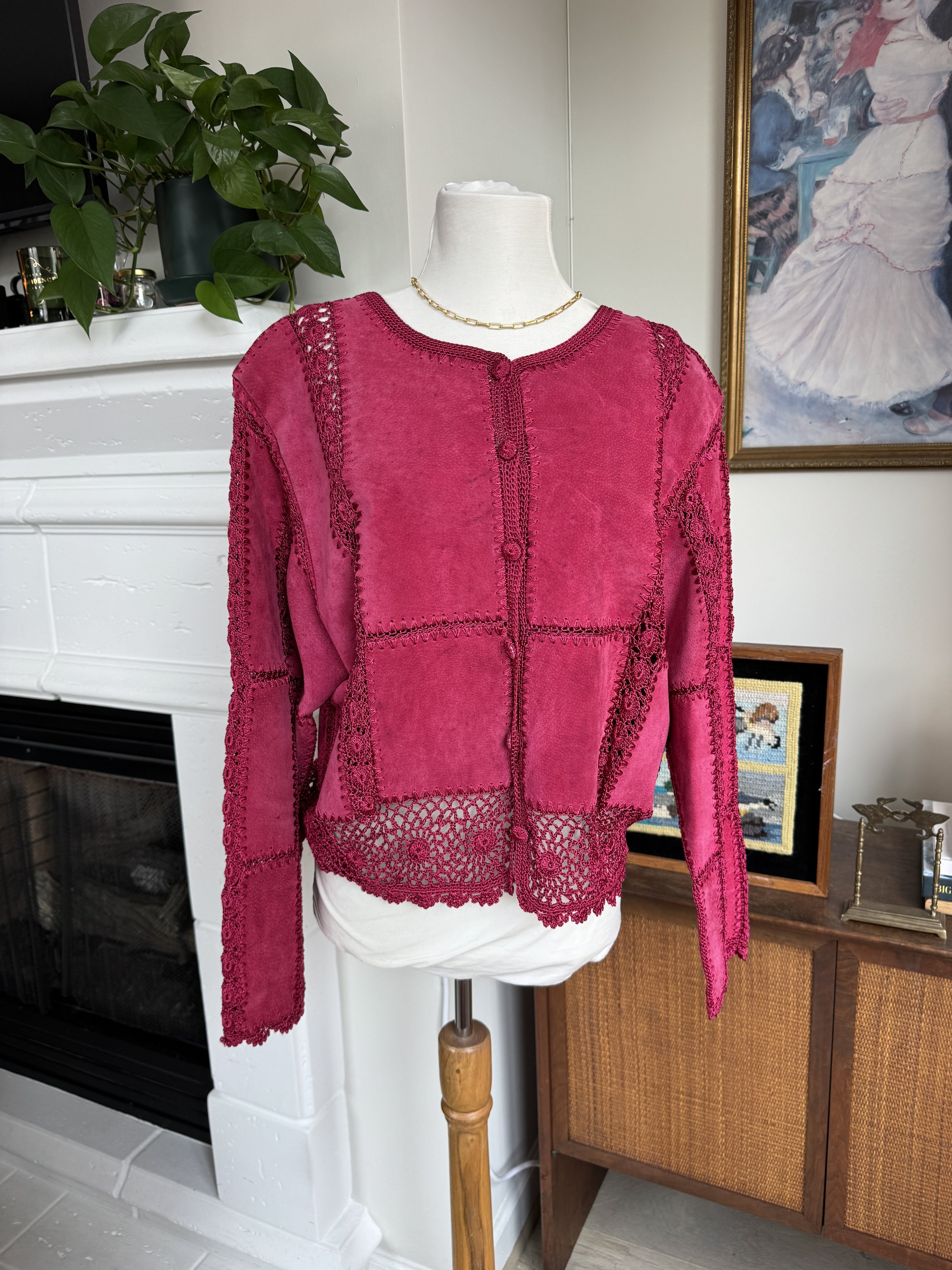 Raspberry Pink Suede & Crochet Unique Vintage Jacket