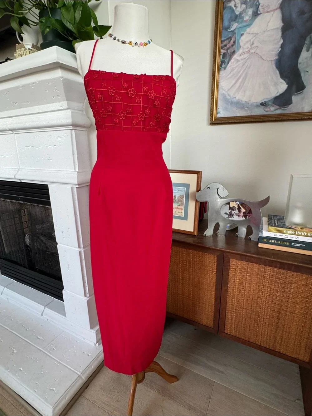 Vintage 3D Floral Embroidered Spaghetti-Strap Midi Dress