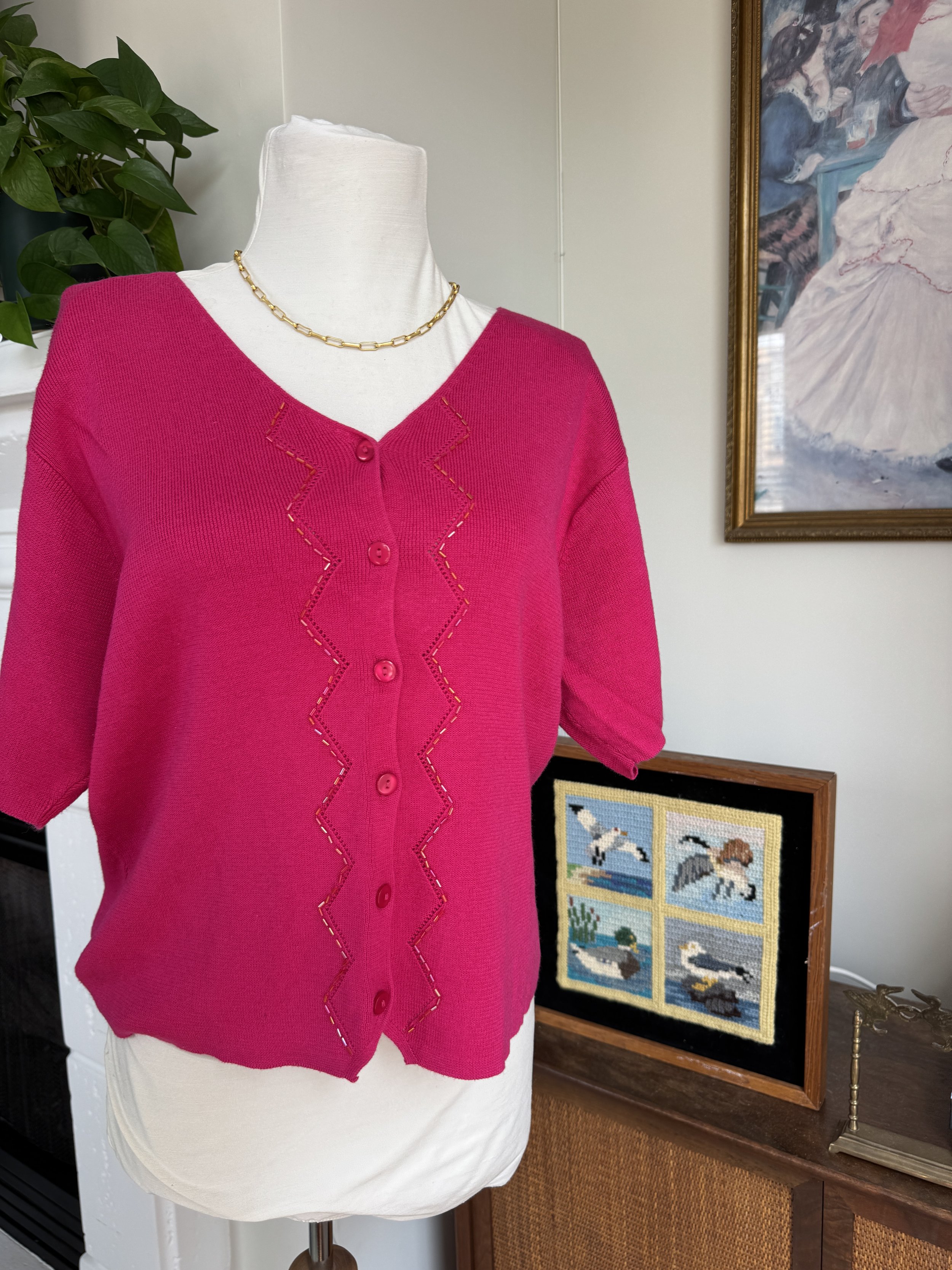 Raspberry Iridescent Beaded Short Sleeve Sweater Cardigan