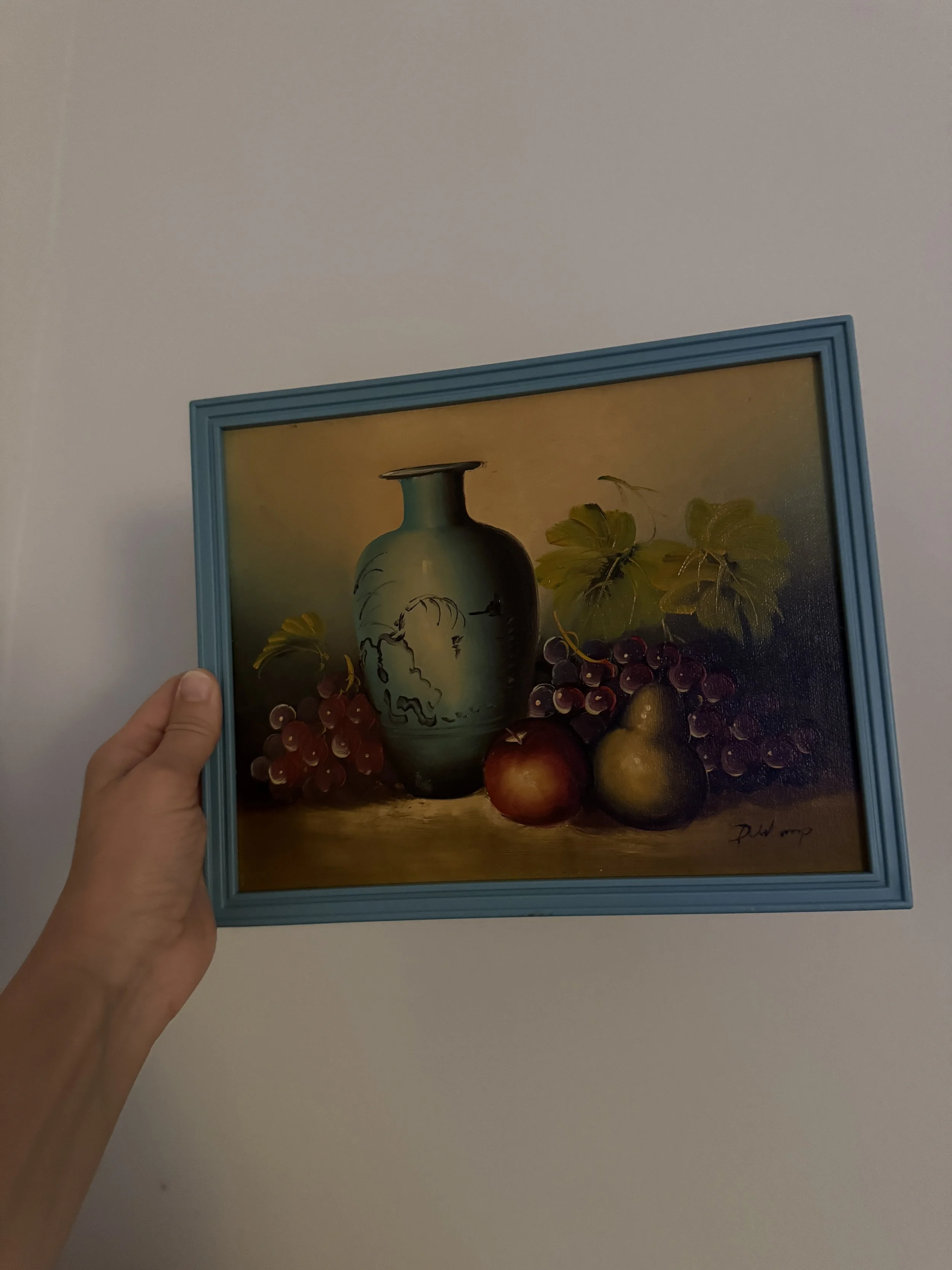 Vintage Wood Painting in Blue Frame
