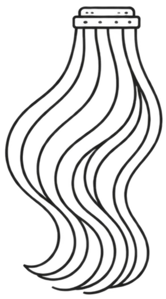 Outline illustration of a bottle with long, wavy hair depicted inside it.