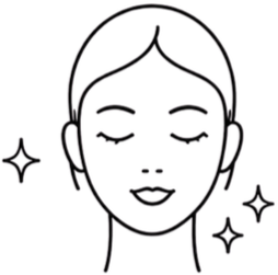 Minimalist line drawing of a woman with eyes closed, smiling gently, and surrounded by sparkles.