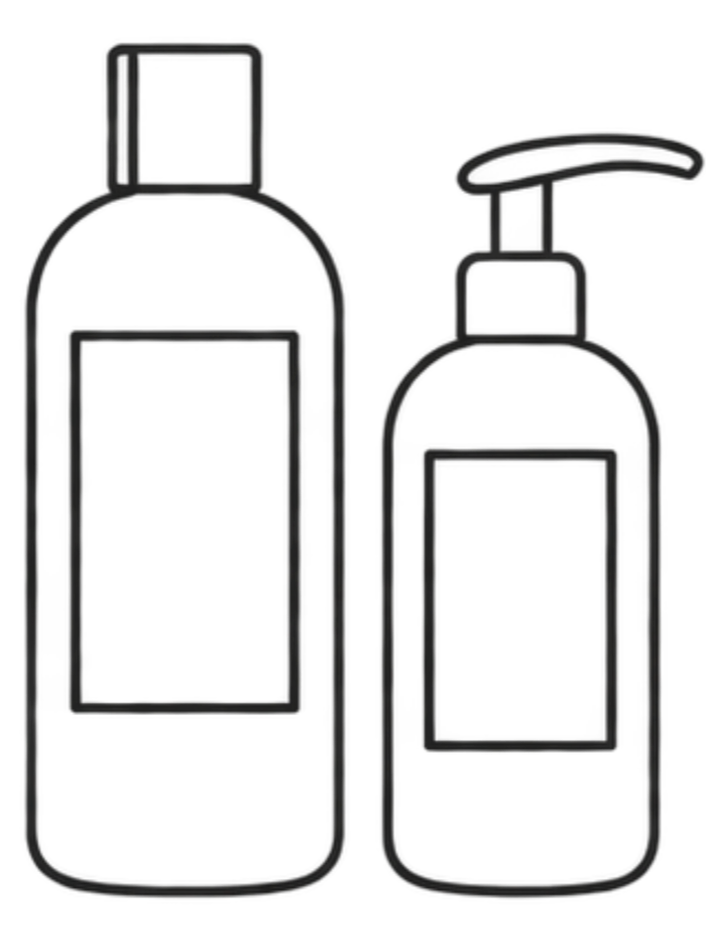 Outline drawing of two bottles, one with a pump dispenser and one with a flip cap.