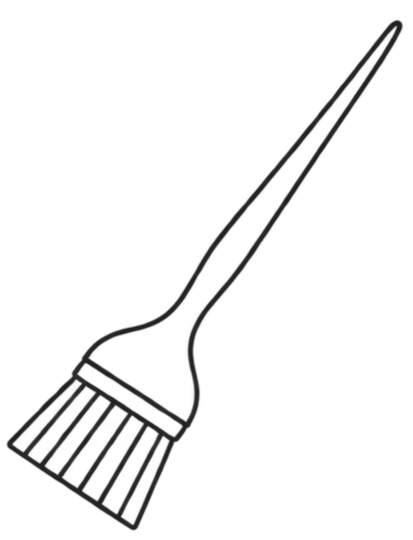 Outline drawing of a hygiene or makeup brush with a long handle and bristles at the end.