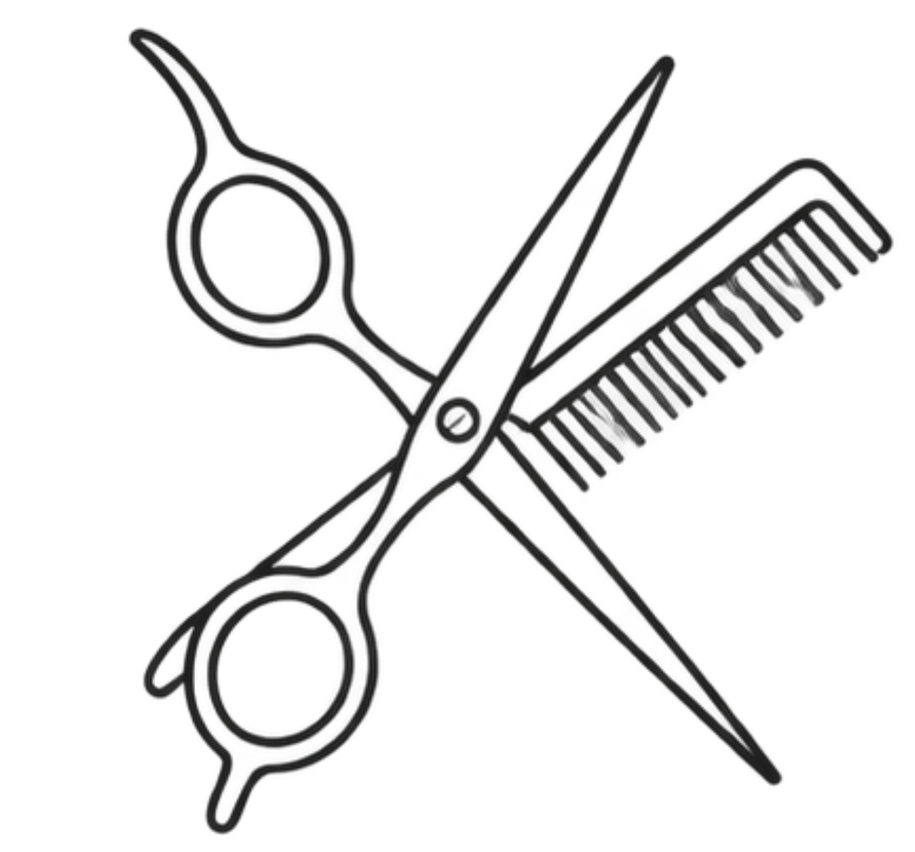 Outline illustration of scissors, hairdressing comb, and hair clipper.
