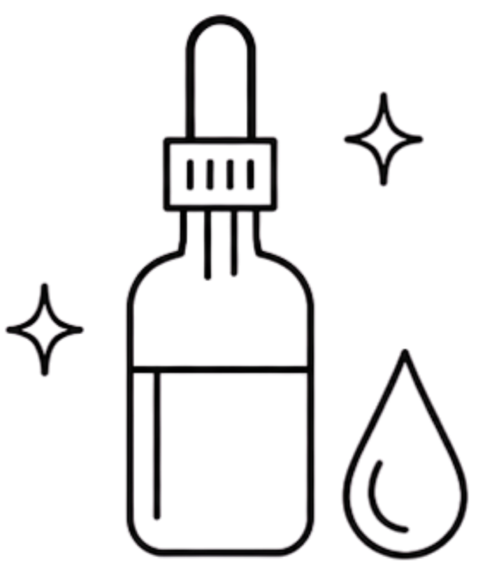 Outline illustration of a dropper bottle, a water droplet, and sparkles.