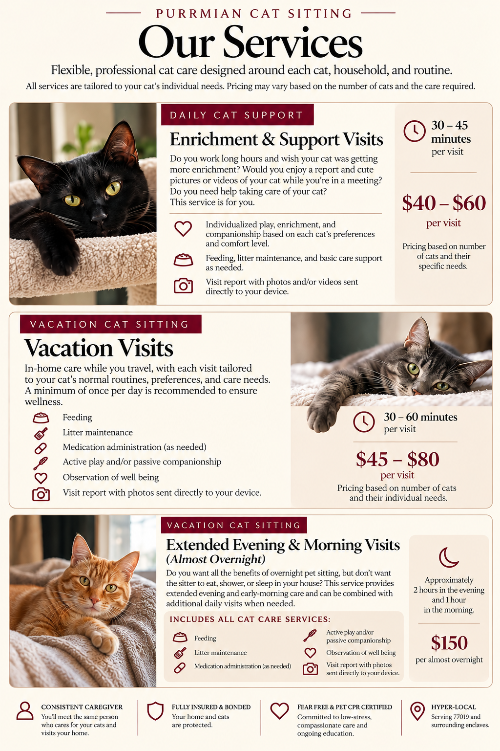 A flyer for Purrmian Cat Sitting services detailing different types of cat care visits, including enrichment and support visits, vacation visits, and extended evening and morning visits, with pricing, durations, services provided, and with pictures of cats.