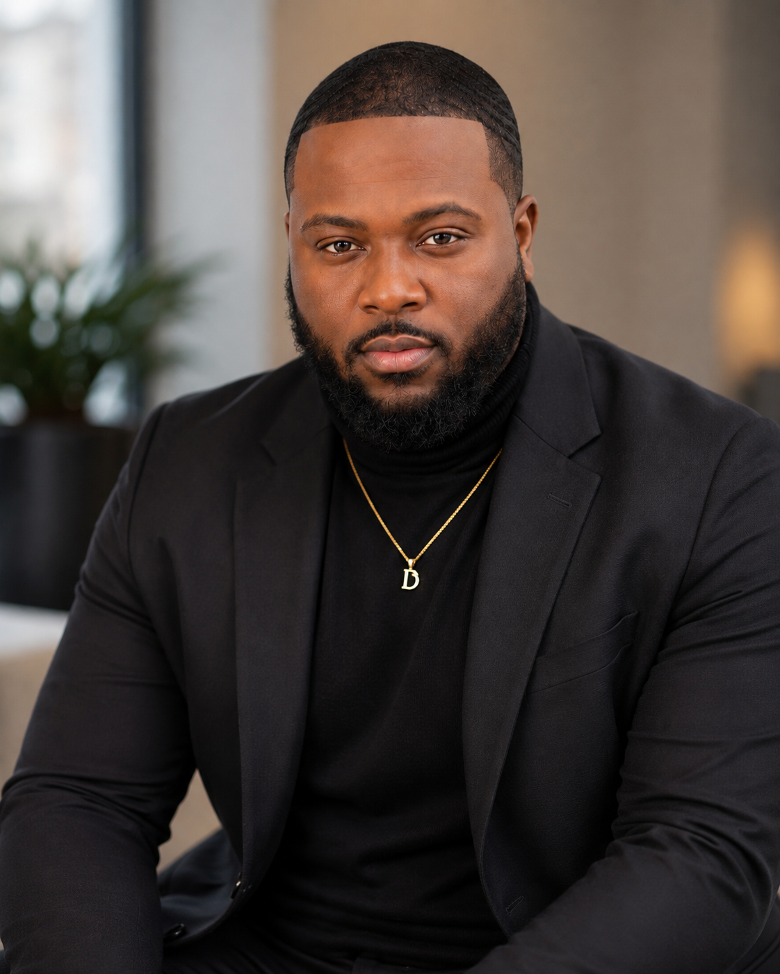 A young Black man with a beard, wearing a black blazer and a black turtleneck, looking confidently at the camera. He has jewelry with a gold letter 'D' necklace. The background is blurred indoors with some plants.