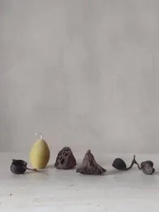 Hand‑poured yellow beeswax egg candle arranged among dried seed pods and natural botanical forms on a pale surface with a soft grey background, creating an earthy, minimalist still life.