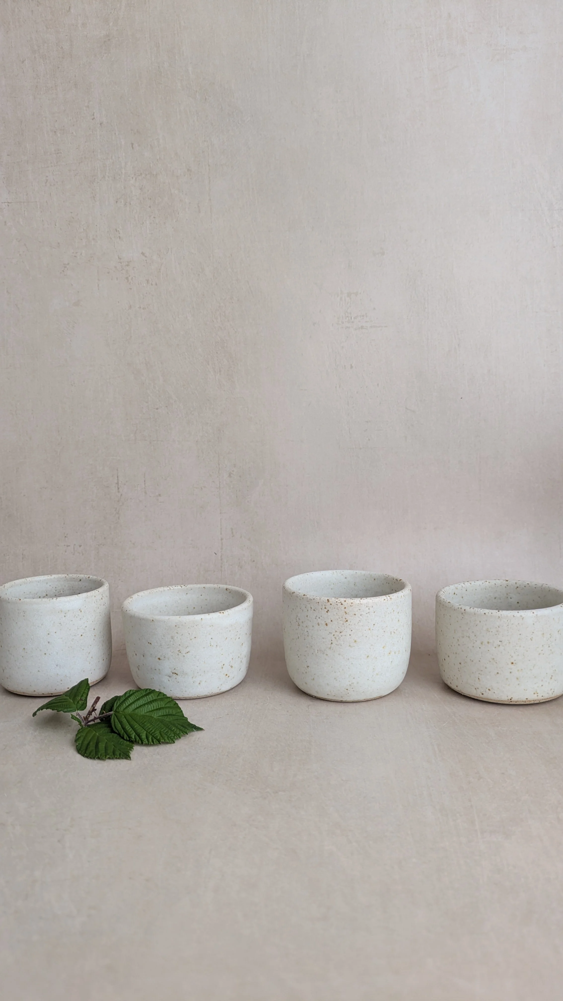 Four cream speckled pottery condiment pots arranged in a row.