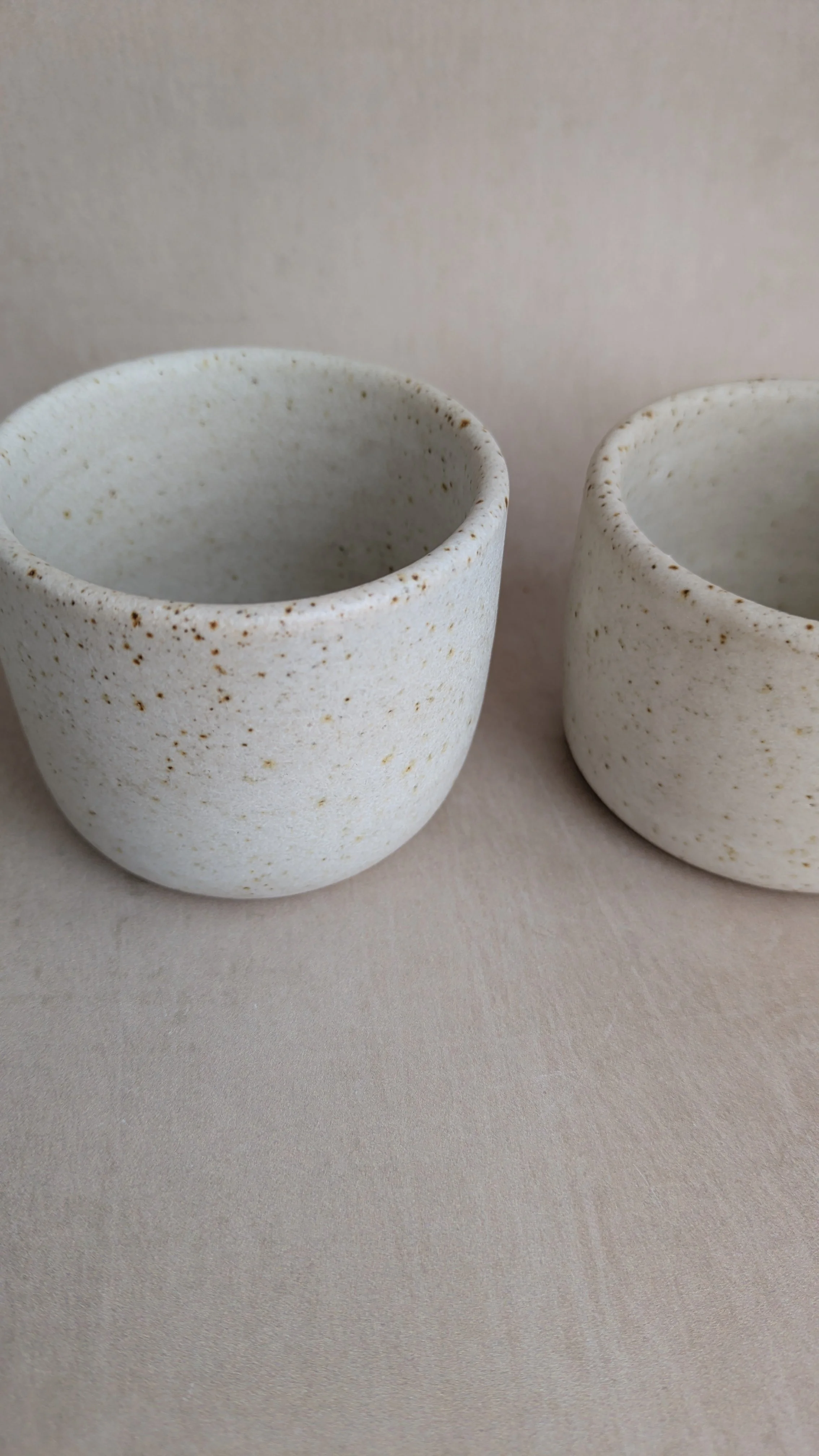 Close‑up of two cream speckled pottery condiment pots showing glaze texture.