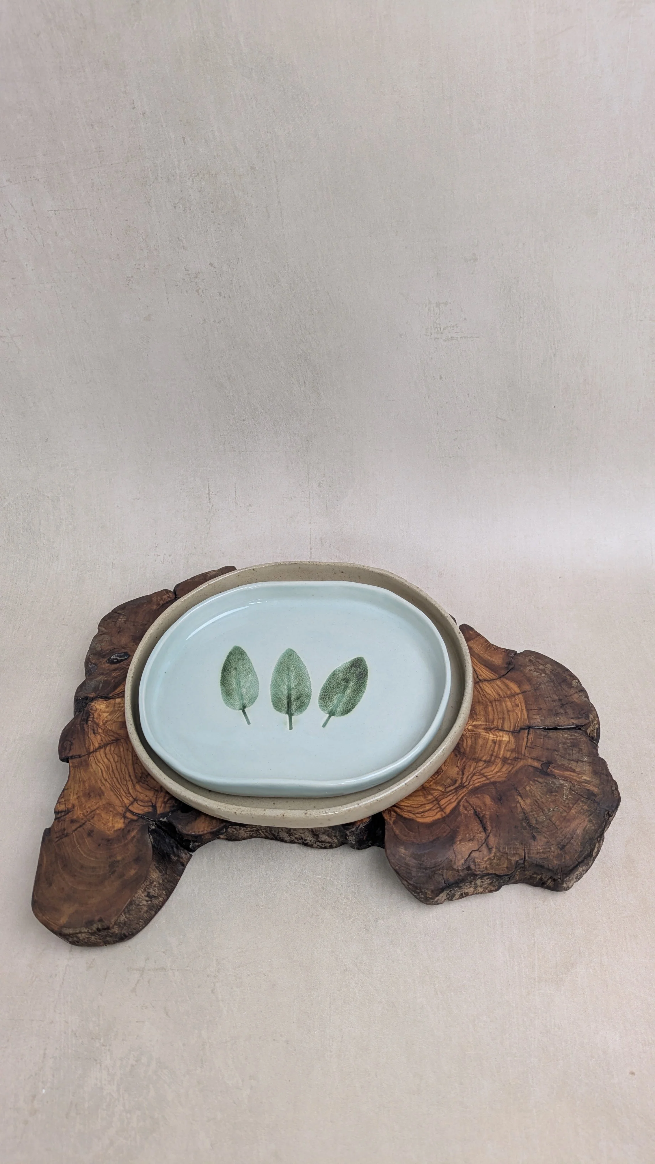 Two handmade ceramic plates stacked together, top plate with sage leaf design in sage glaze, bottom plate in speckled stoneware. On natural wood display
