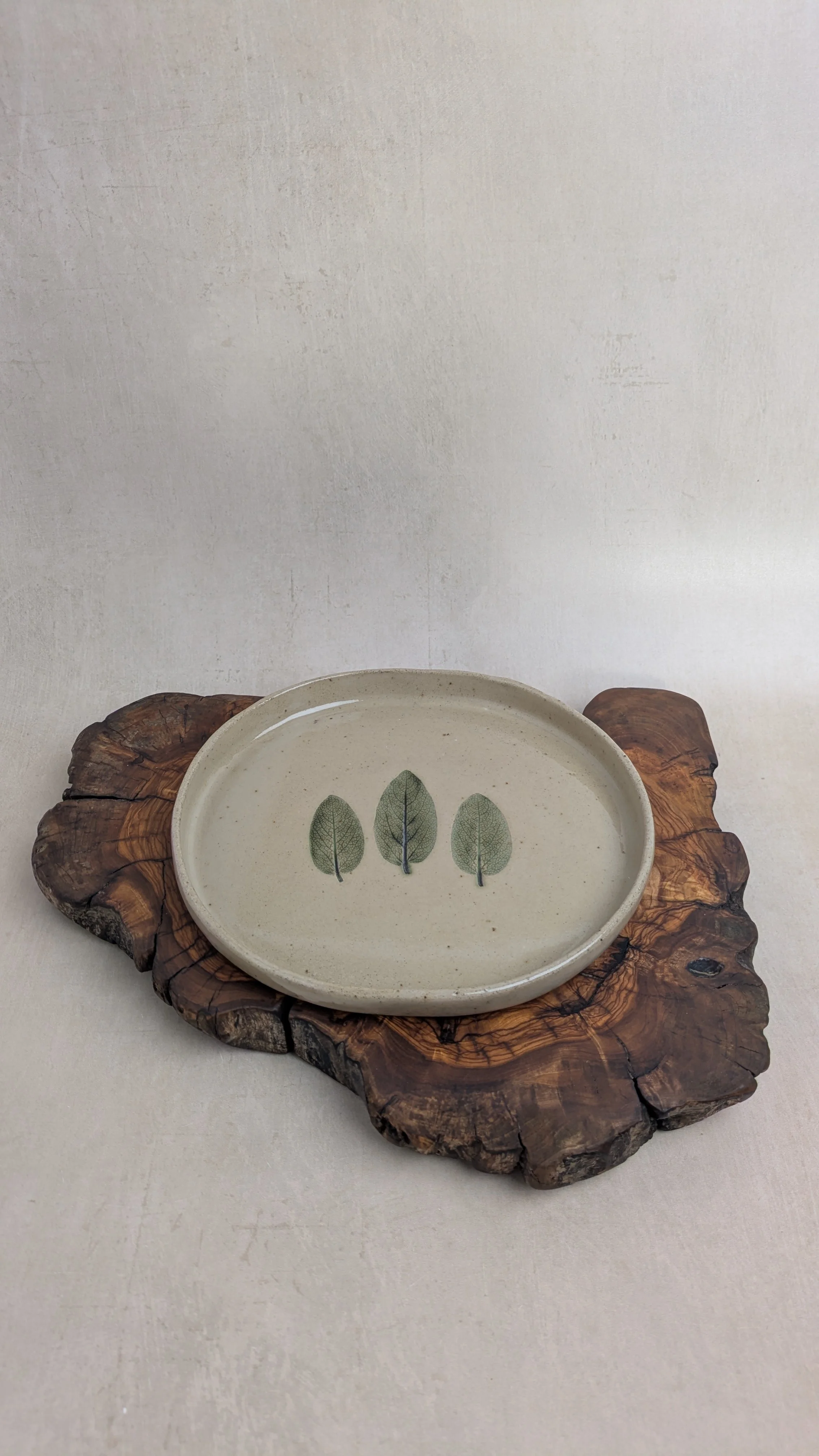 stoneware plate in speckled clay with sage leaf imprint. On a natural olive wood display and beige background