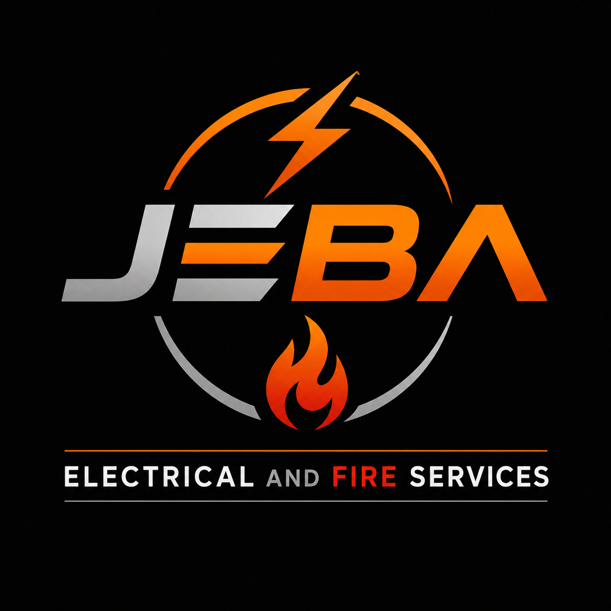 Logo for Jeba Electrical and Fire Services featuring a lightning bolt, fire, and circuit circle design with the company name in bold, metallic letters.