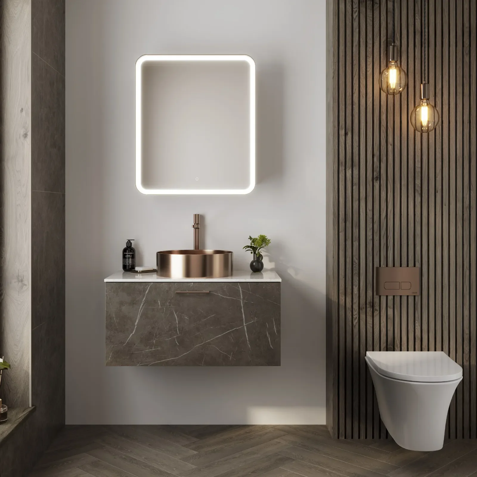 Modern bathroom with a wall-mounted sink, illuminated mirror, and two pendant lights, featuring dark wood and marble accents, and a sleek toilet.