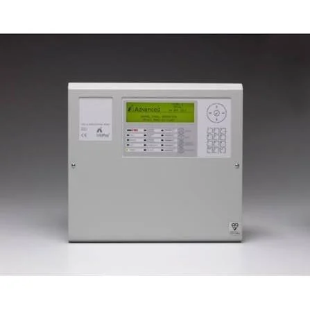 White fire alarm control panel with a green display screen and numeric keypad, placed against a neutral background.