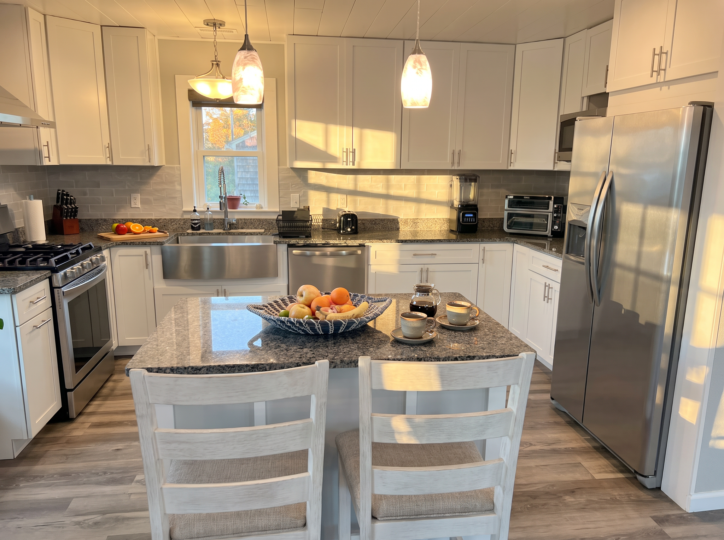 The kitchen! Gas stove, microwave, dishwasher, and everything you need to cook a feast or just a quick snack!