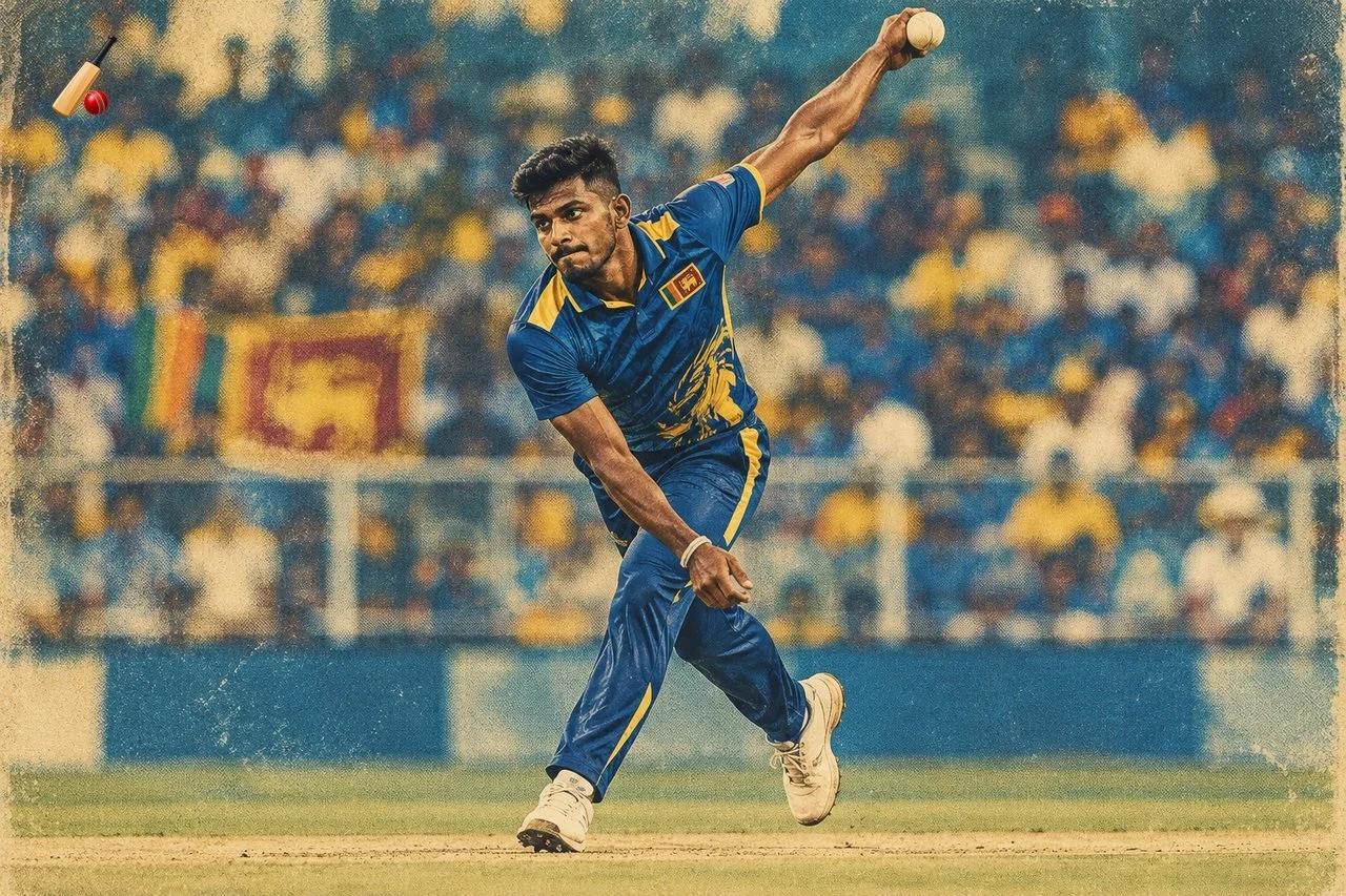 A Sri Lanka fast bowler in delivery stride during a one-day international