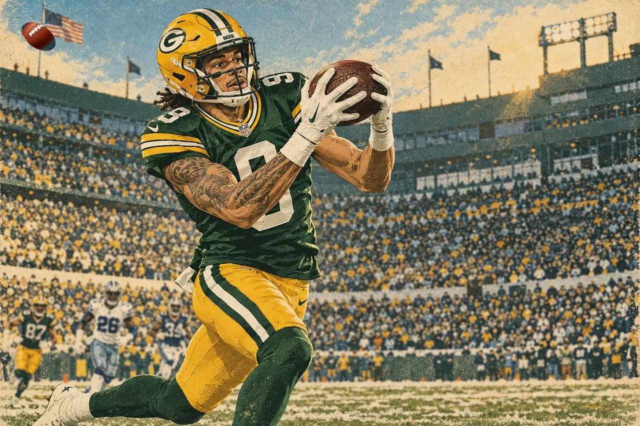 A Green Bay Packers wide receiver catches a touchdown pass in the end zone
