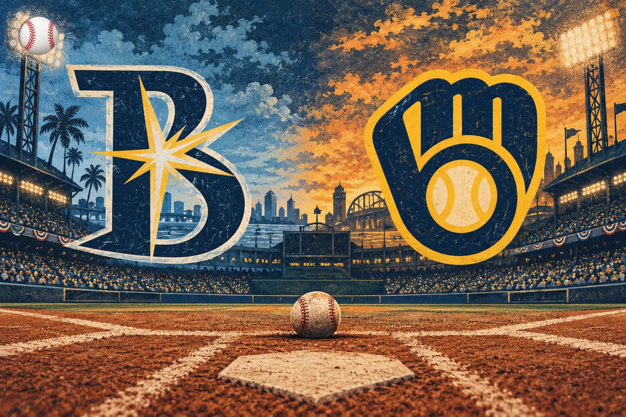 Tampa Bay Rays and Milwaukee Brewers logos over a baseball stadium at dusk
