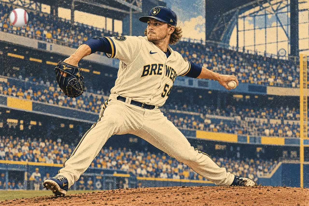 Milwaukee Brewers pitcher delivering during a World Series game