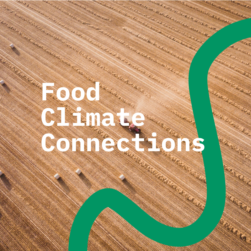 Aerial view of a farm field with rows of crops, a tractor, and hay bales, overlaid with the text 'Food Climate Connections' and a green curved line.