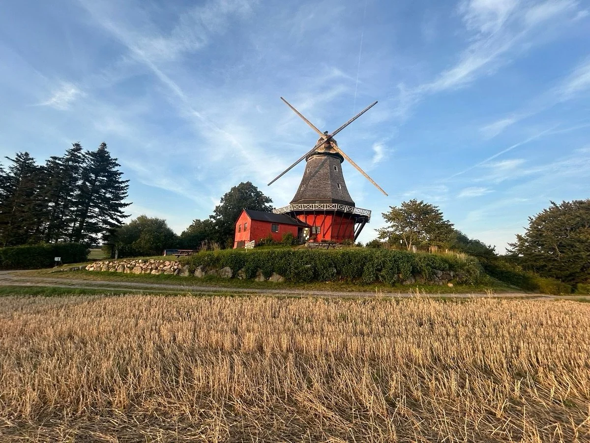 A red and black traditional windmill on a hilltop surrounded by trees and a field in the foreground during sunset.