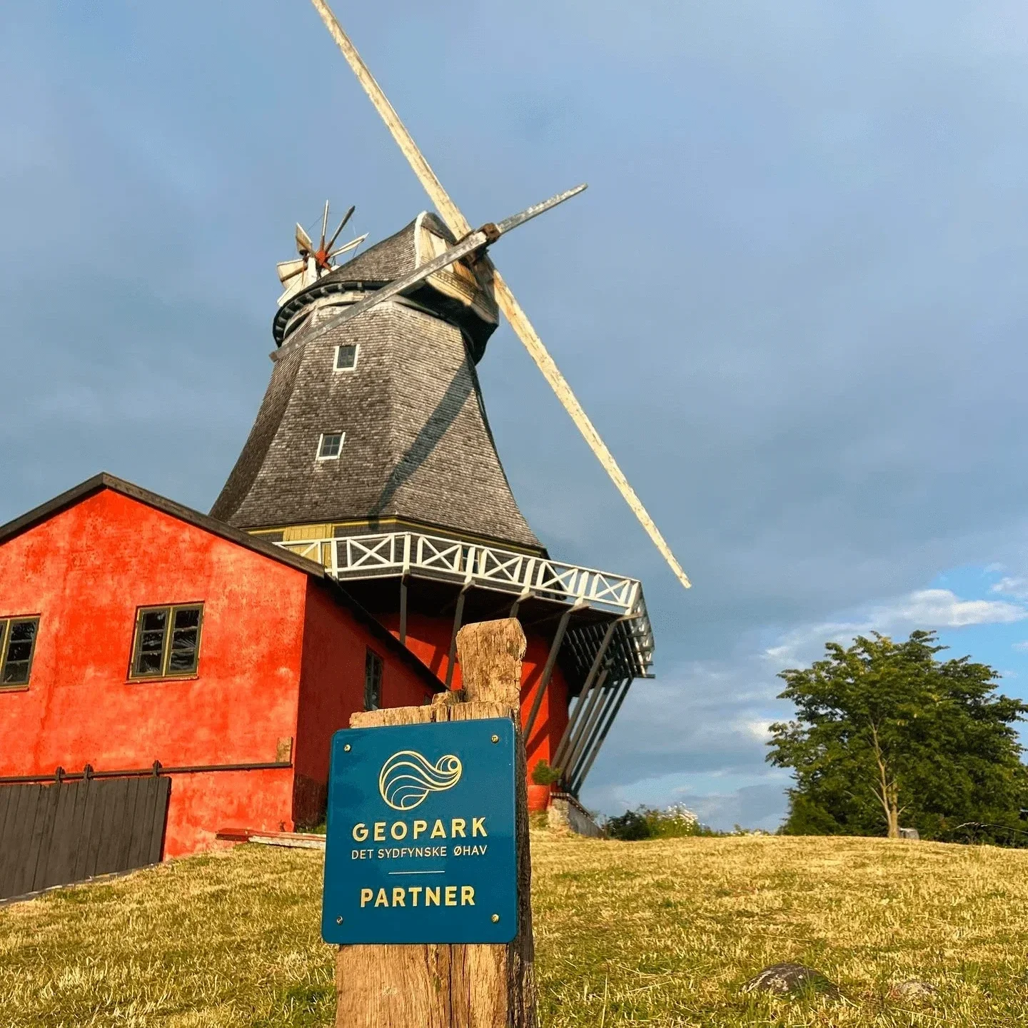 A historic windmill with dark wooden blades and a conical top, mounted on a tower with small windows. A red building with black trim is in the foreground, and a blue sign with white text and a wave logo reads 'GEO PAK, DET SYDFYNISKE ØHAV, PARTNER'. Green grass and a tree are visible nearby, with a partly cloudy sky overhead.