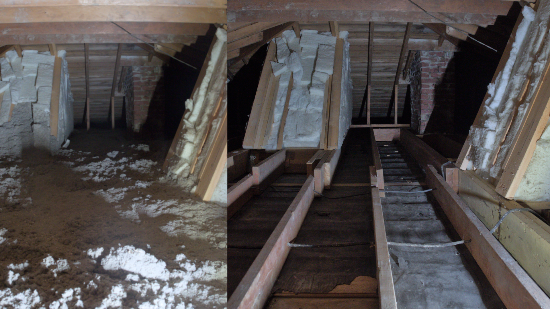 A side by side of an attic full of insulation and empty.