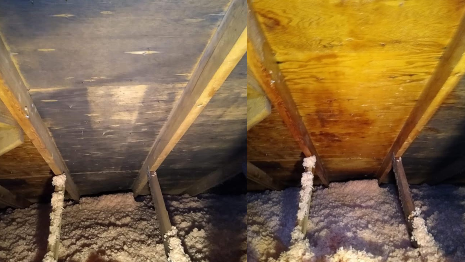 Comparison of a wooden ceiling before and after cleaning or treatment, showing a transition from a dark, dull surface to a brighter, polished appearance. The photo focuses on the ceiling panels and supporting beams, with insulation on the floor below.