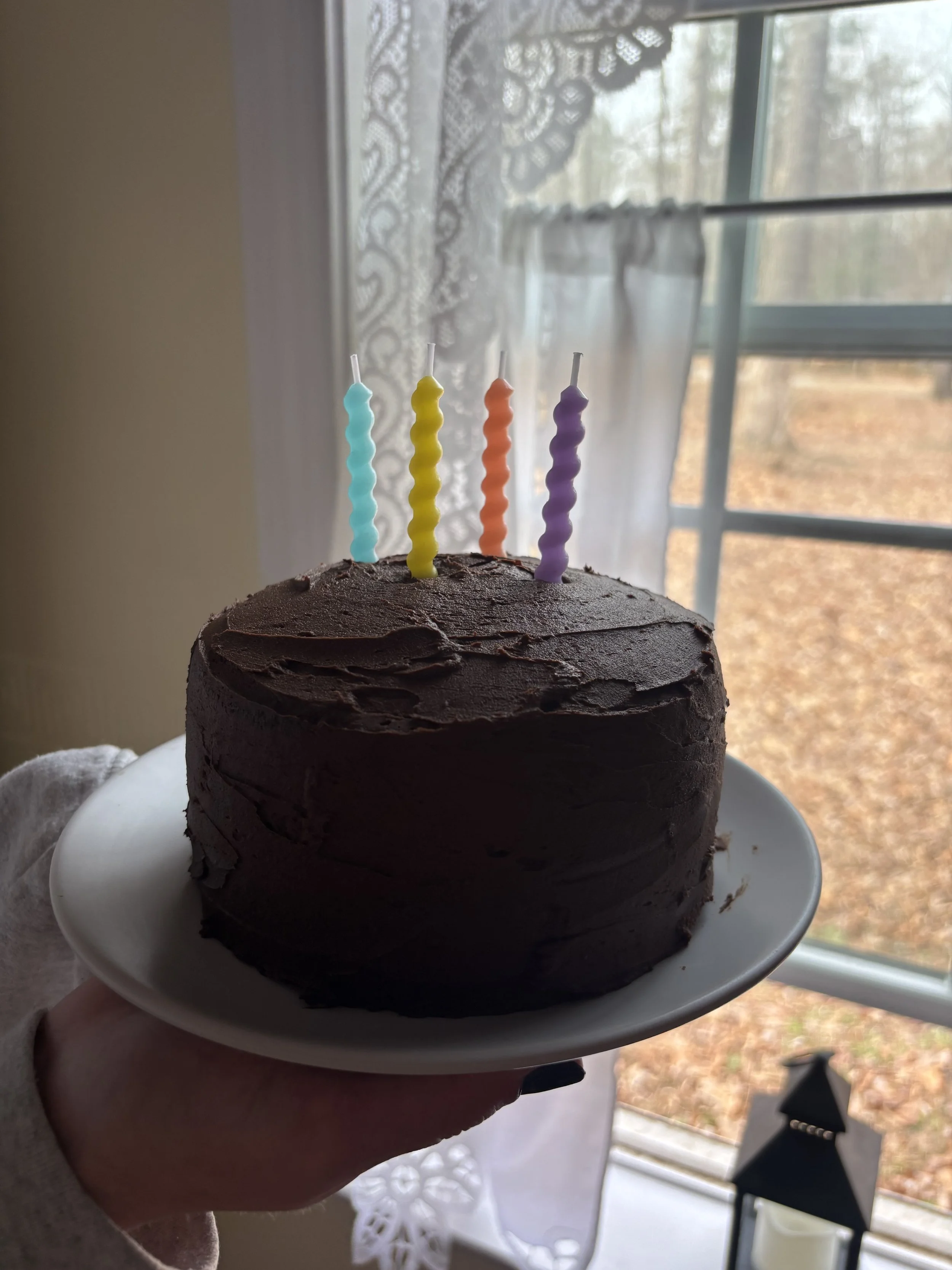 Chocolate birthday cake with four colorful spiral candles (blue, yellow, orange, purple) on top, held on a white plate inside near a window with lace curtains and trees outside.
