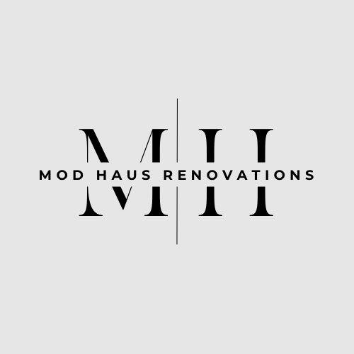 Logo for Mod Haus Renovations with stylized letters and black text on a light gray background.
