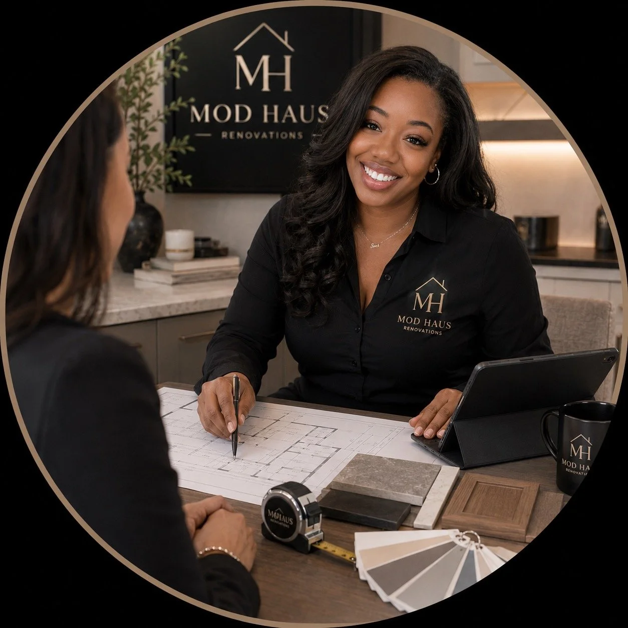 A woman with long curly hair and hoop earrings smiling at the camera, sitting at a table withBlueprints, color samples, and a tablet, wearing a black shirt with 'MOD HAUS' logo, in a kitchen or design studio.