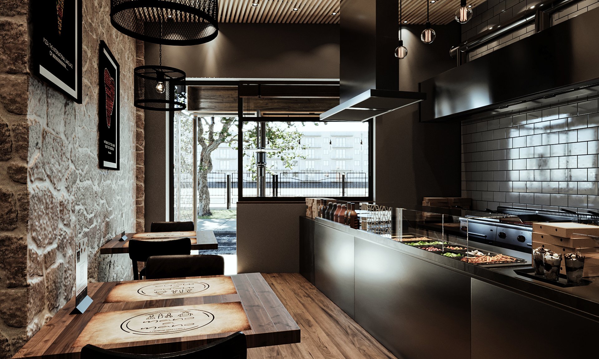 3D photorealistic architectural visualization of a modern restaurant interior with industrial design elements. Features an exposed stone wall with framed artwork, wooden dining tables, black pendant lights, and a stainless steel commercial kitchen.