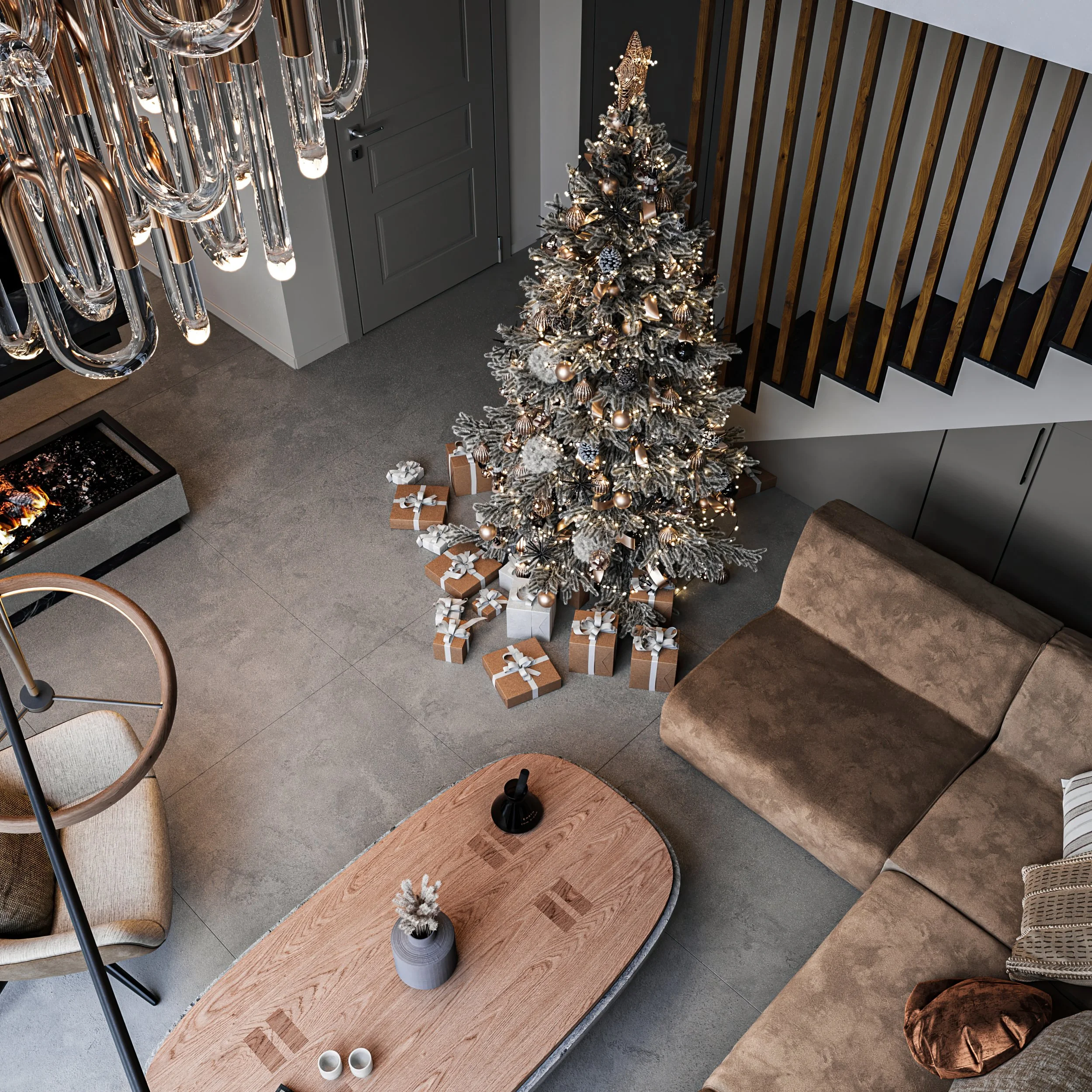 Top-down 3D render of a luxury modern living room with Christmas holiday decor. Features a frosted Christmas tree with presents, brown suede sectional sofa, wooden slat staircase, and glass loop chandelier.