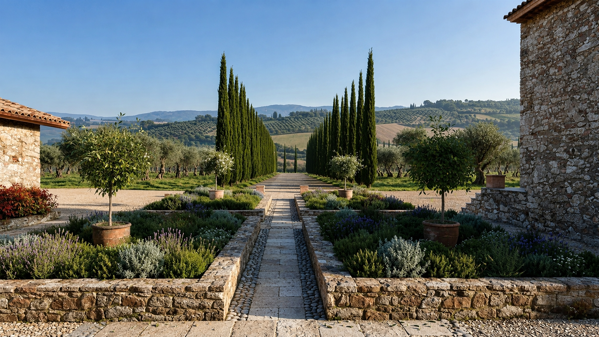 3D photorealistic visualization of a formal Mediterranean country garden design. It features a symmetrical avenue of tall, manicured cypress trees lining a stone pathway, flanked by raised stone-walled garden beds filled with lavender and rosemary.