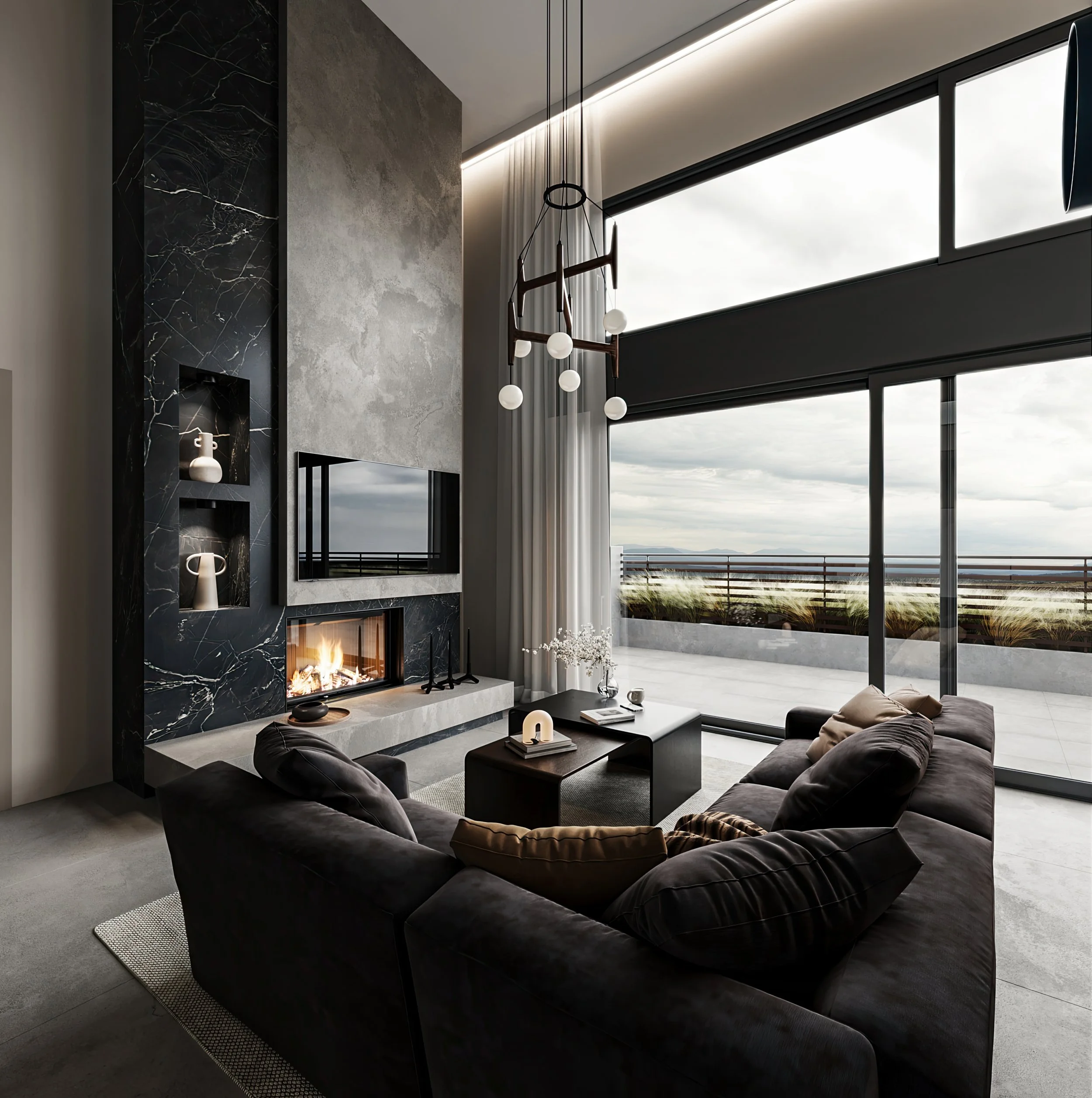 Modern double-height luxury living room visualization with a textured concrete and black marble fireplace feature wall. Modern leather sofa, nested coffee tables, floor-to-ceiling glass sliding doors to a private terrace, panoramic mountain view. 