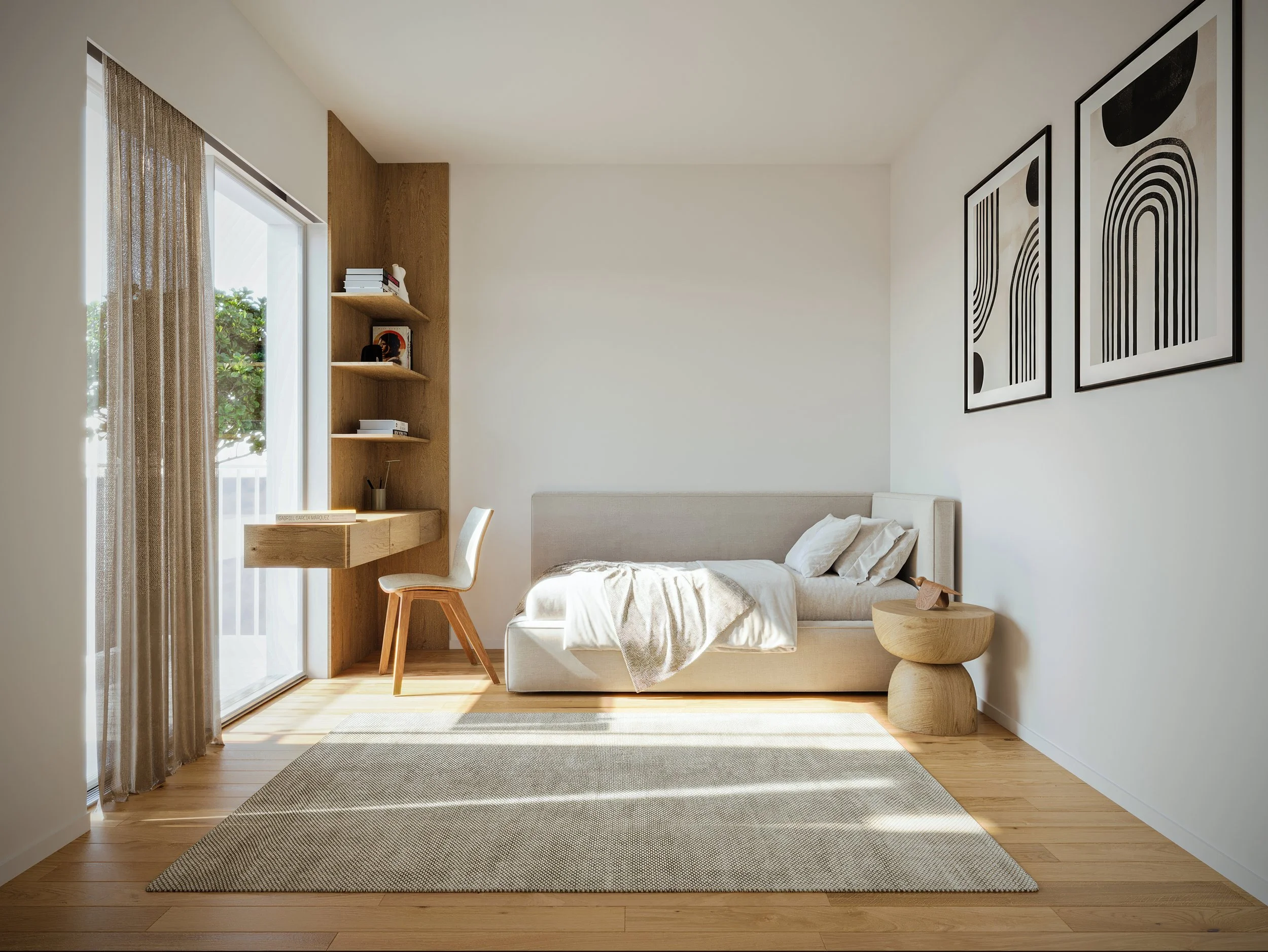 Modern Japandi guest bedroom and study 3D render with built-in floating wooden desk, corner daybed, sheer curtains, hourglass side table, and abstract arch wall art on light oak flooring.