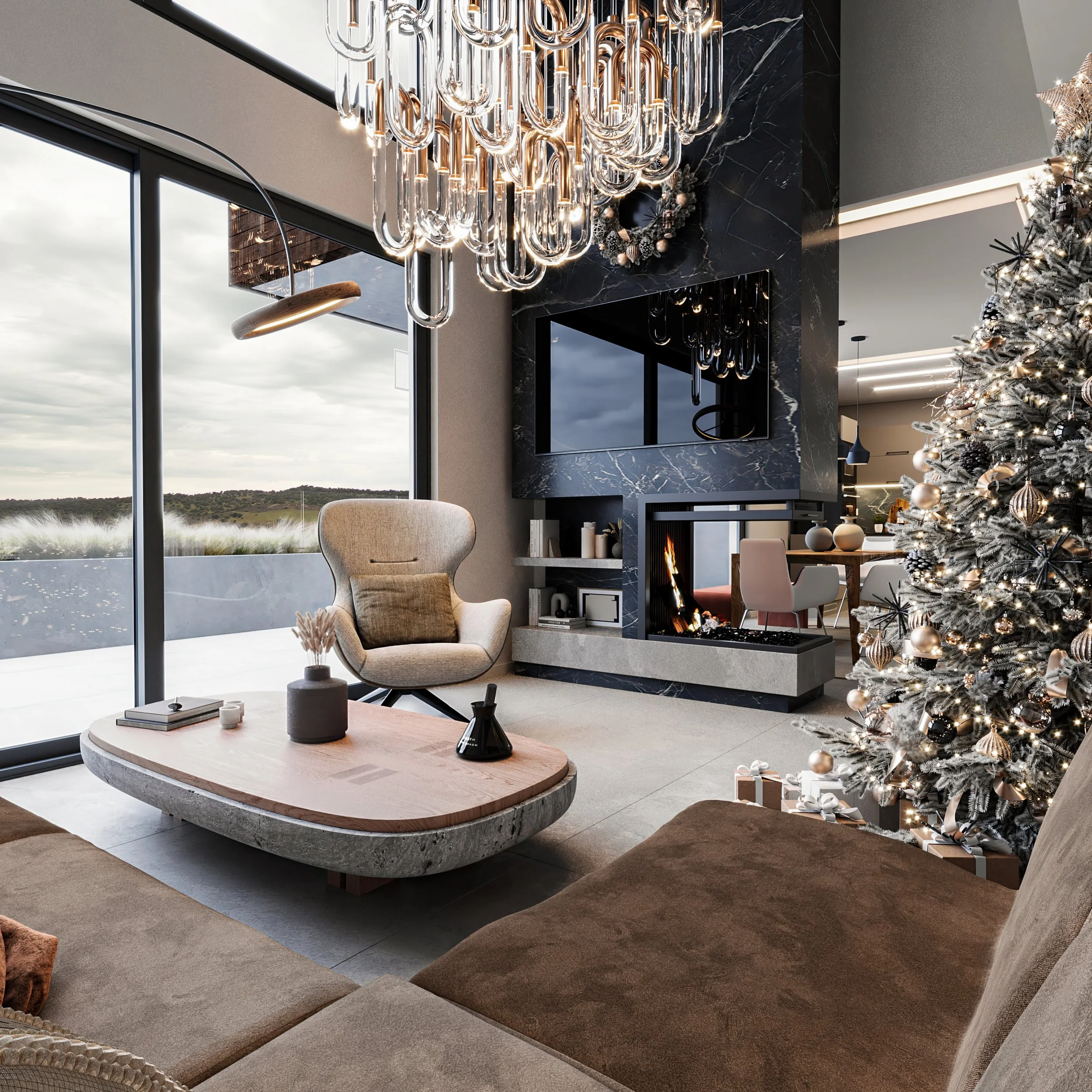 Luxury modern living room 3D render with Christmas holiday decor. Features a black marble fireplace wall, glass tube chandelier, frosted Christmas tree with champagne gold ornaments, and floor-to-ceiling glass doors.