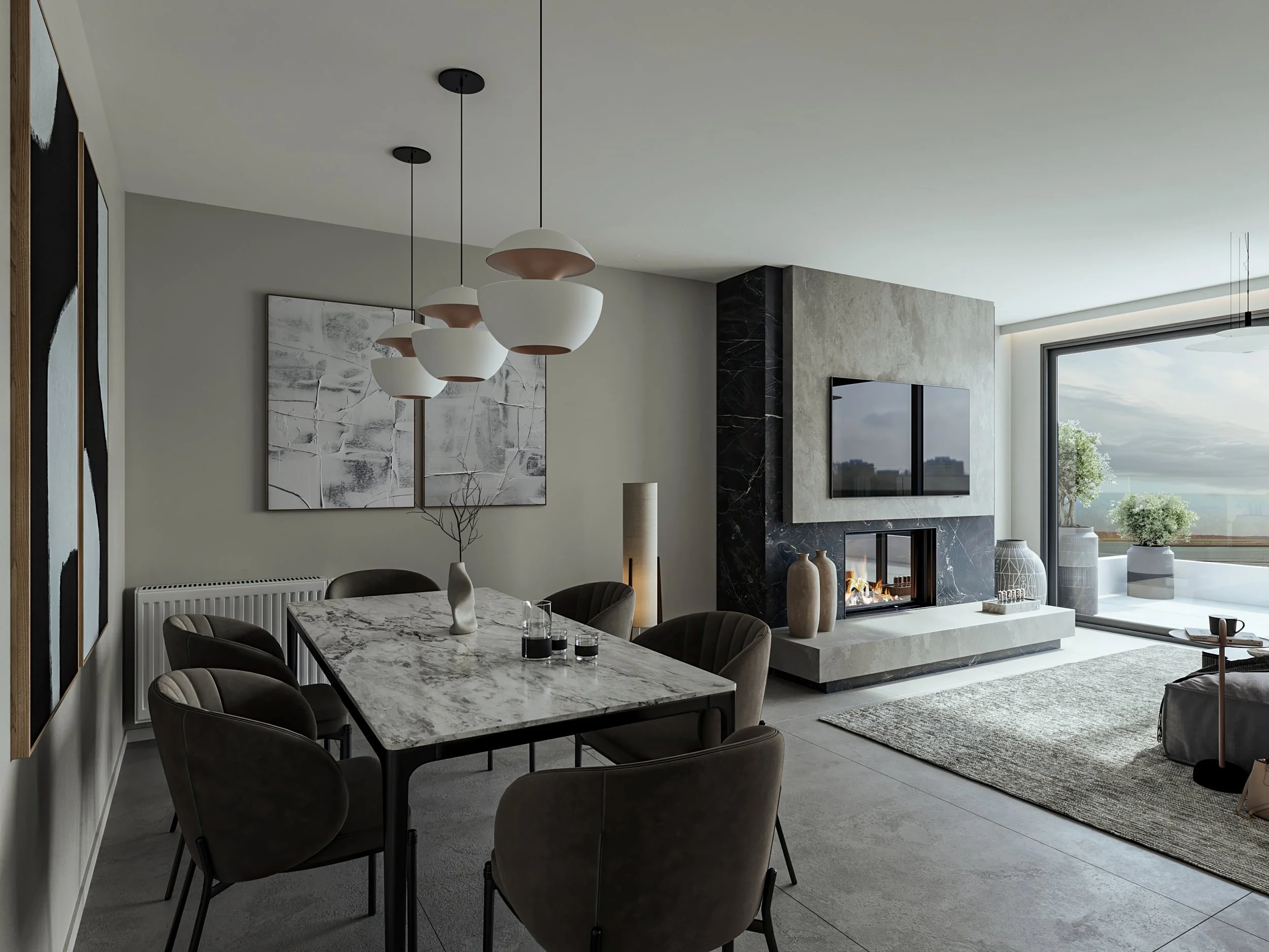 Modern living room with a dining table, chairs, abstract wall art, a fireplace, a large window overlooking greenery, and contemporary decor.