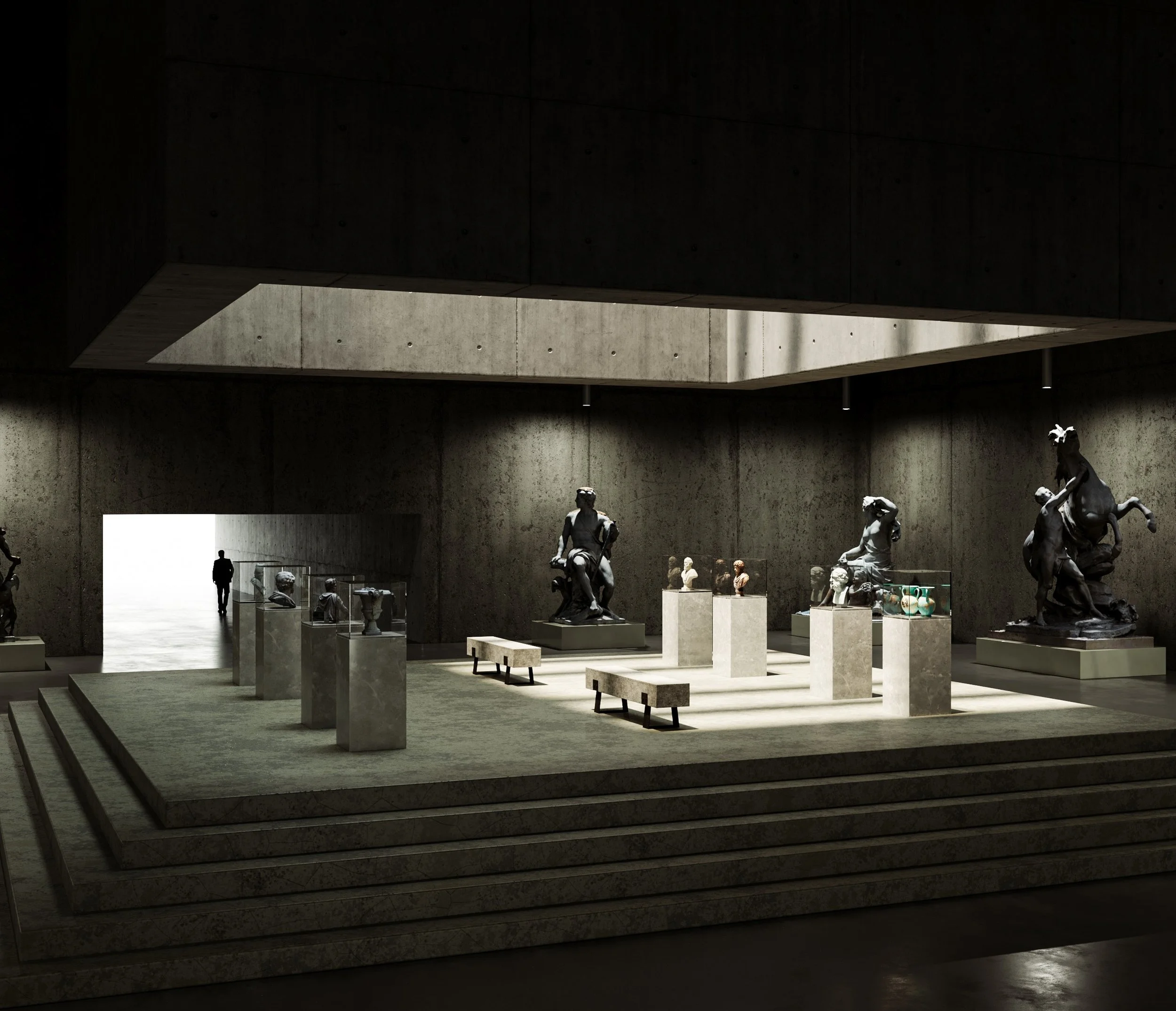 Moody modern museum gallery artifact display with brutalist concrete architecture and a central skylight lightwell. Classical sculptures and busts on modern plinths. A silhouetted figure walking towards the far light. Photorealistic architectural viz