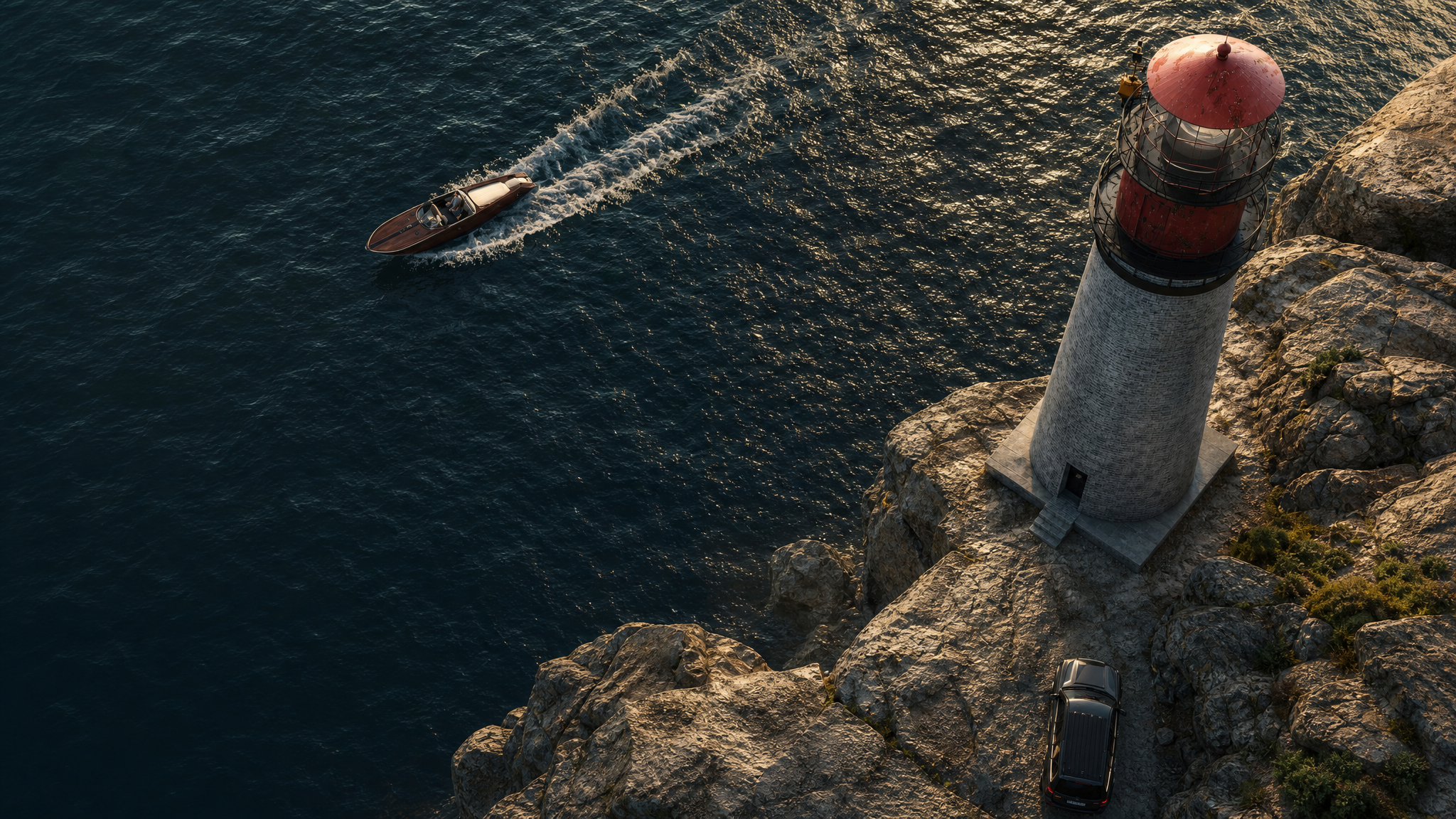 Luxury coastal adventure landscape visualization. Brutalist stone lighthouse on a cliff and classic wooden speedboat at sunset. 