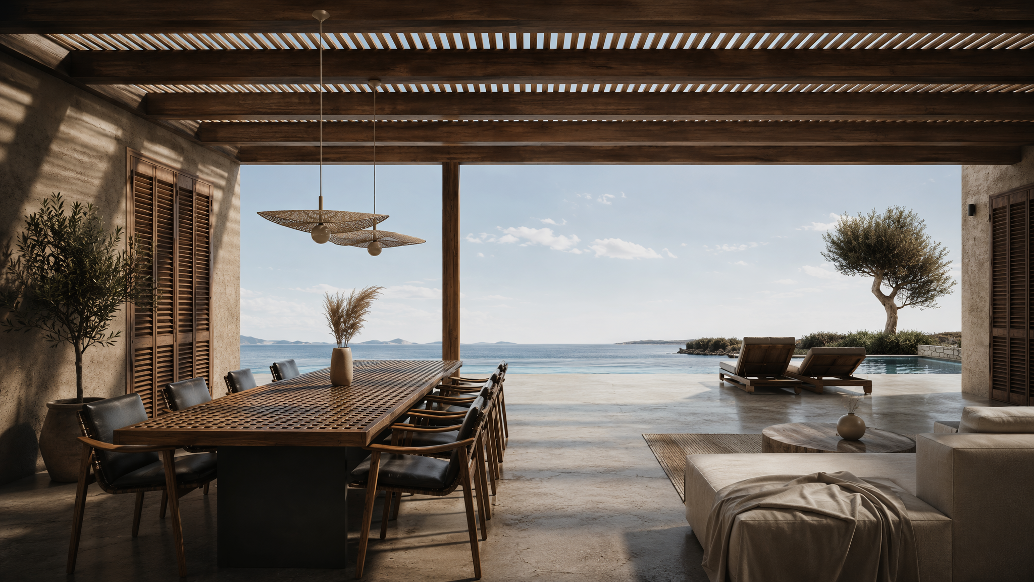 Luxury Mediterranean coastal villa rental with infinity pool and panoramic ocean view. Rustic outdoor dining area under a wooden pergola, with natural textures, olive trees, and lounge seating. Exclusive coastal architecture.