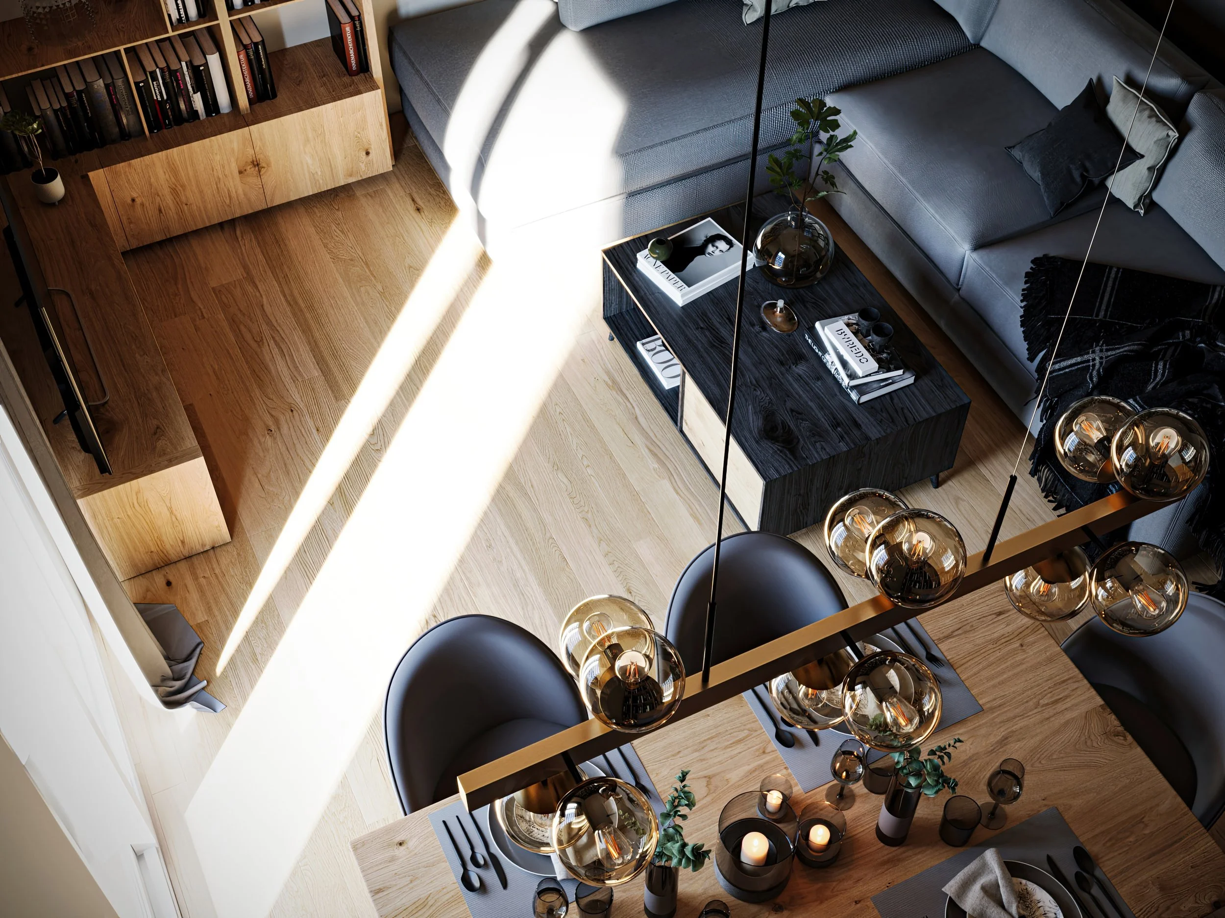 High-angle open-plan living and dining room 3D render featuring a brass amber globe chandelier, wooden dining table, grey sectional sofa, black coffee table, and natural sunlight on oak flooring.