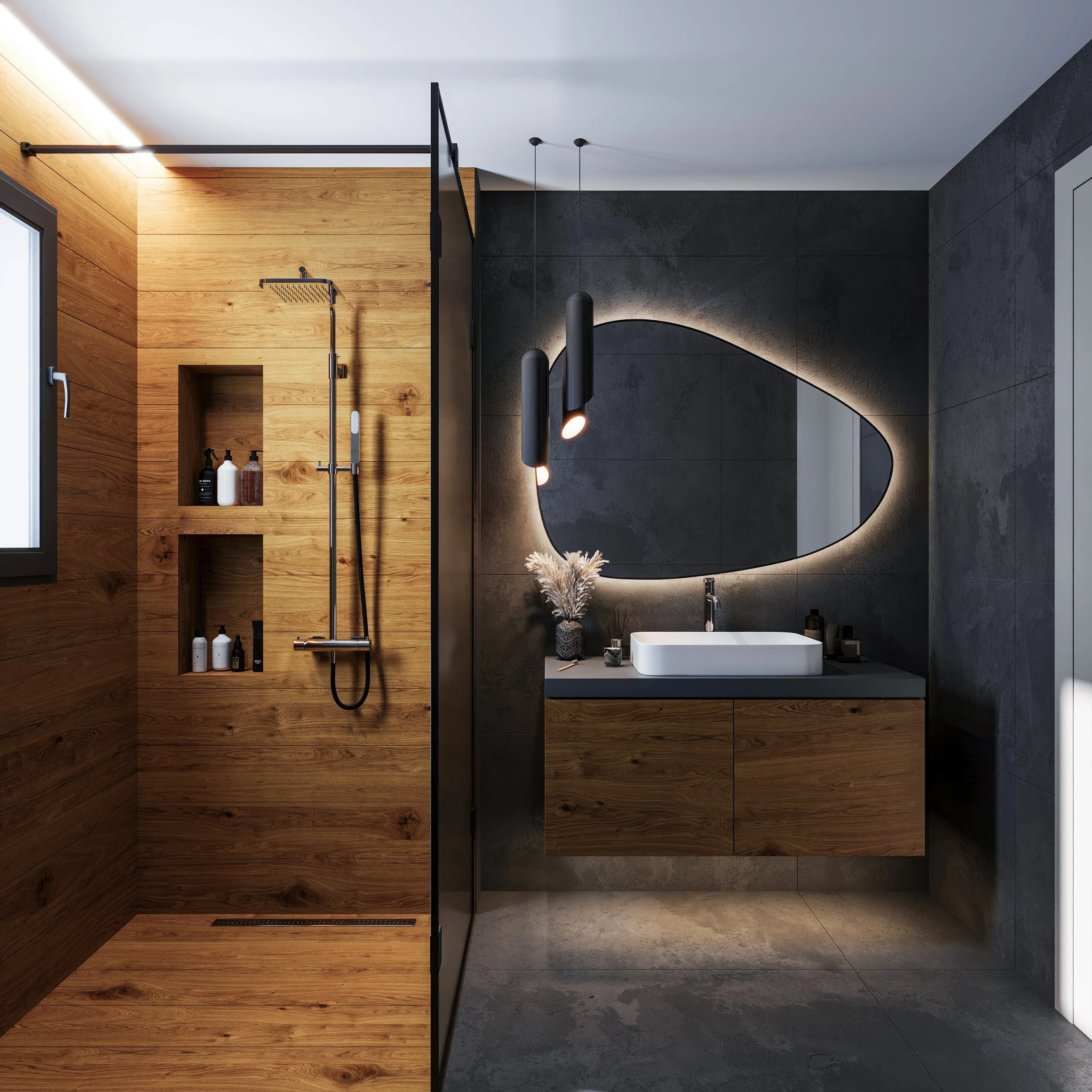 Modern bathroom interior visualization with wood-clad walk-in shower and concrete-effect vanity wall. Features an organic backlit mirror and a floating wooden vanity with a white sink.
